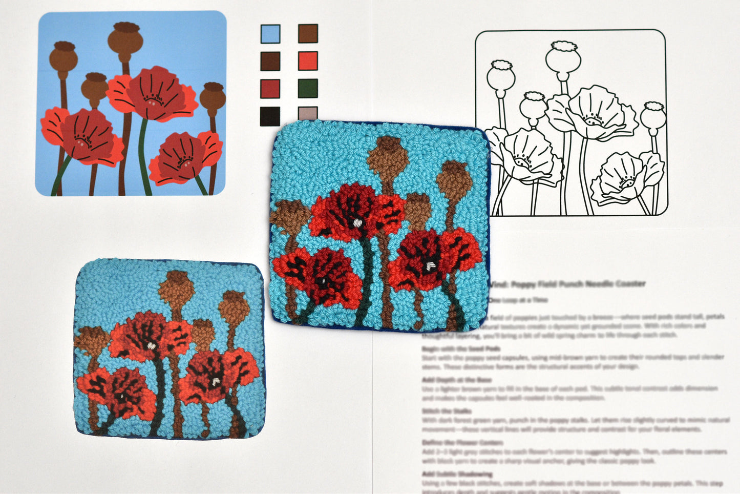 Floral patterned coaster with color swatches and line drawing on a white background