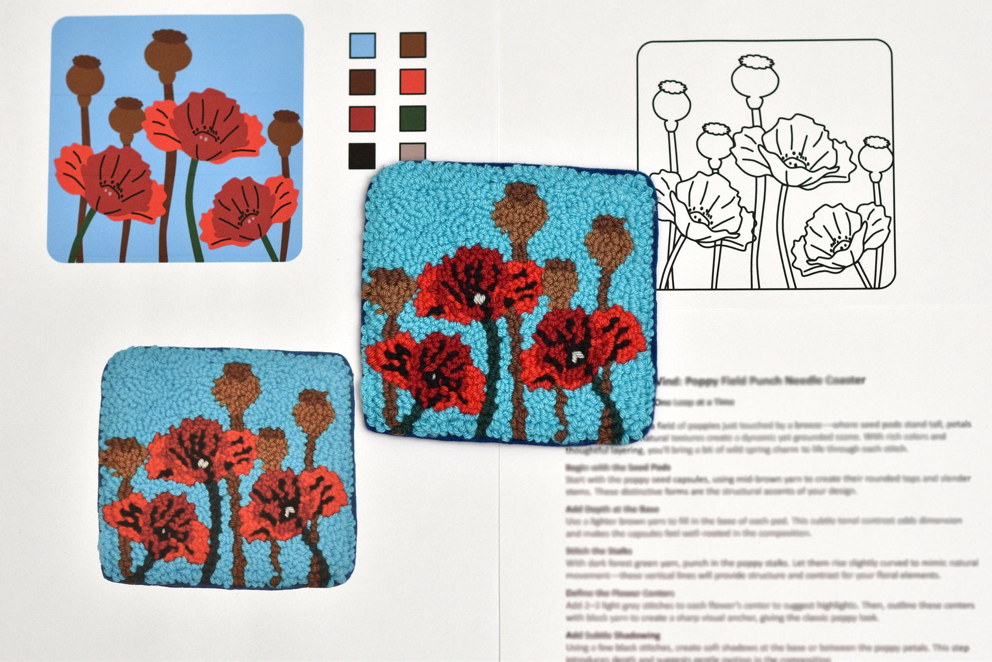 Floral patterned coaster with color swatches and line drawing on a white background