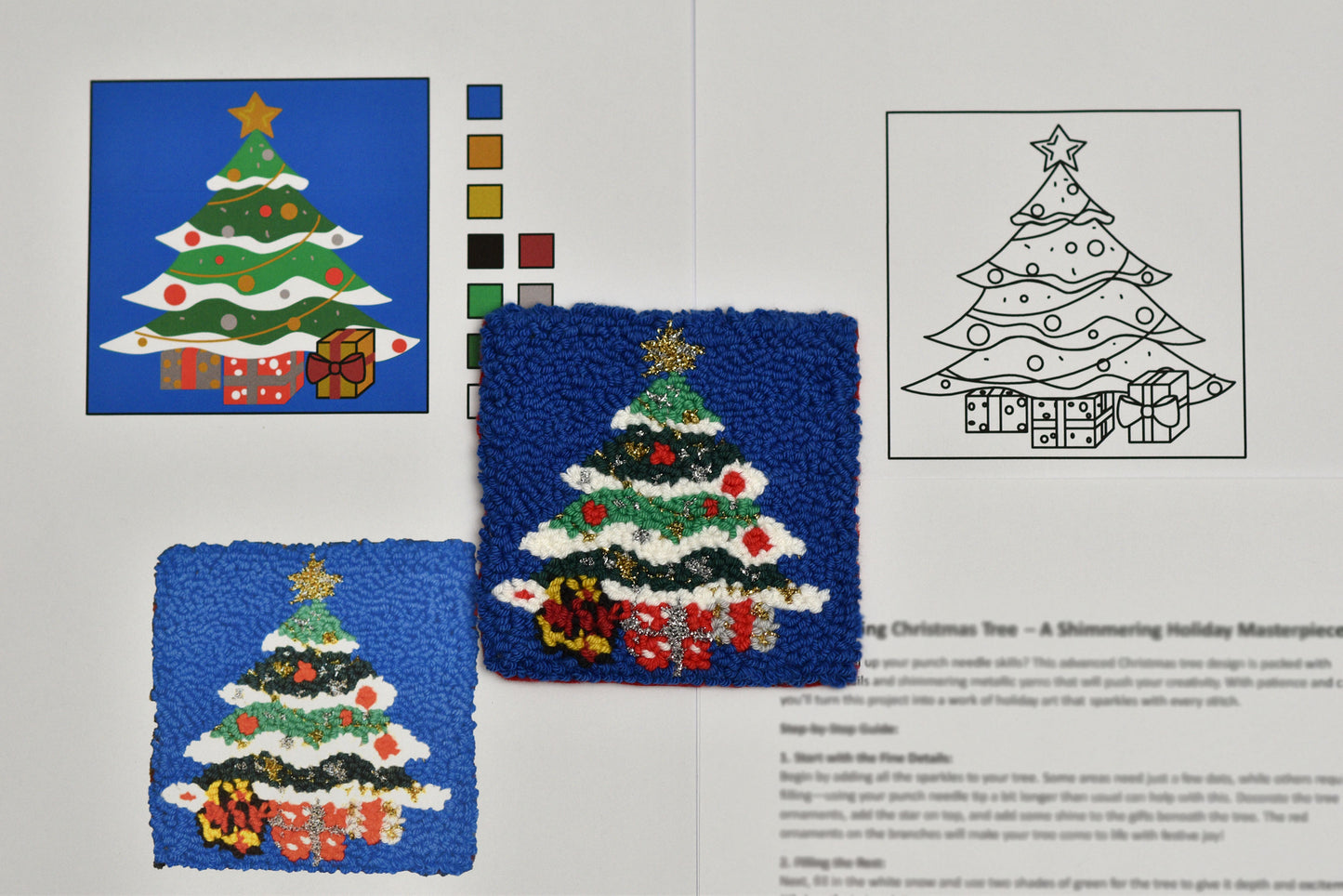 Two punch needled Christmas tree coasters with a color swatch and pattern diagram on a white background.