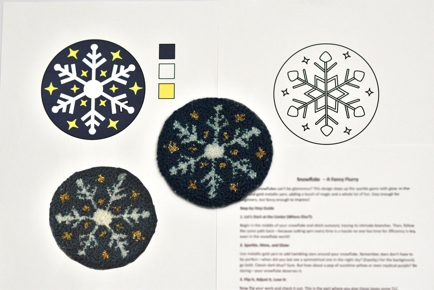 Punch needled snowflake coasters with design instructions on a white background