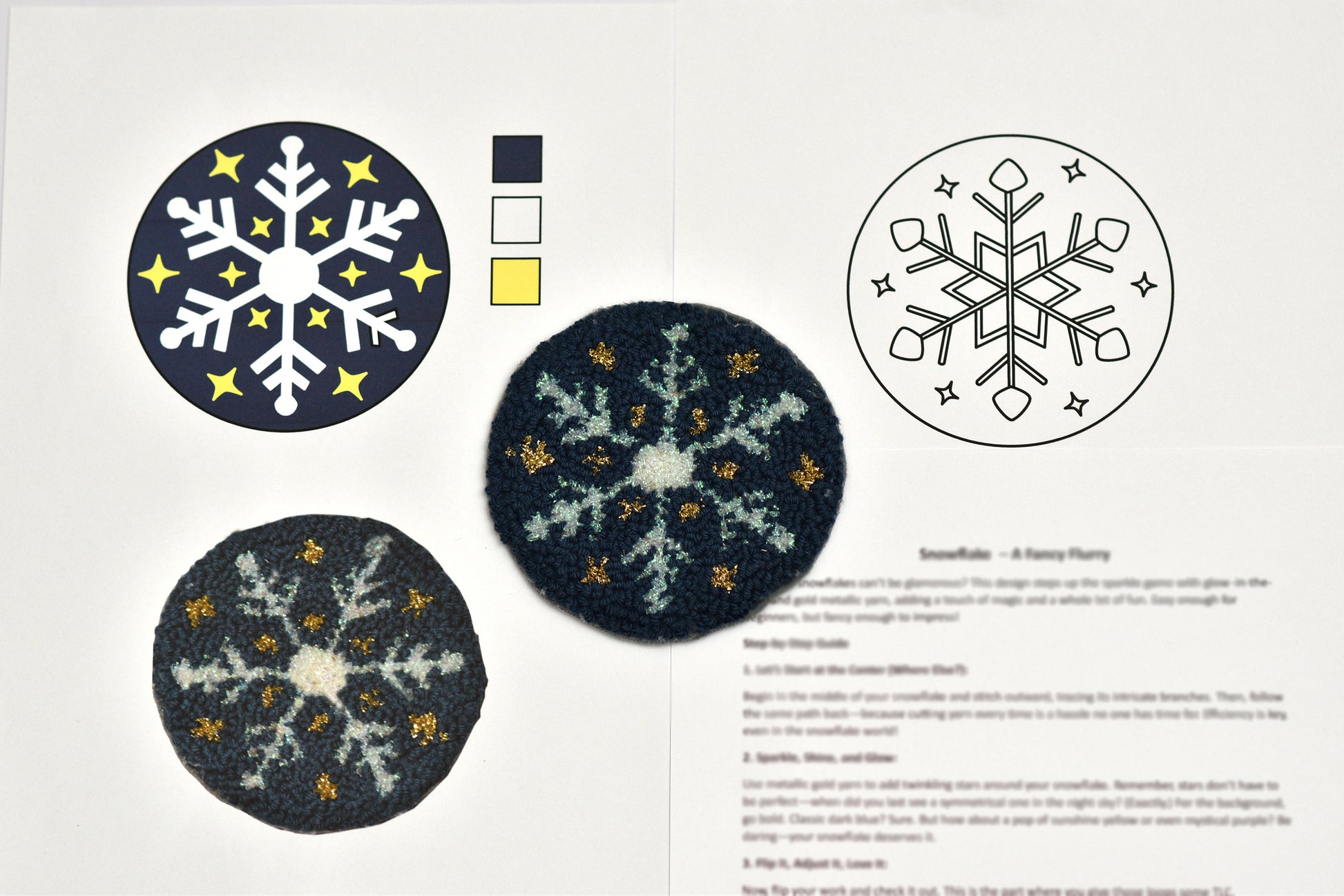 Punch needled snowflake coasters with design instructions on a white background