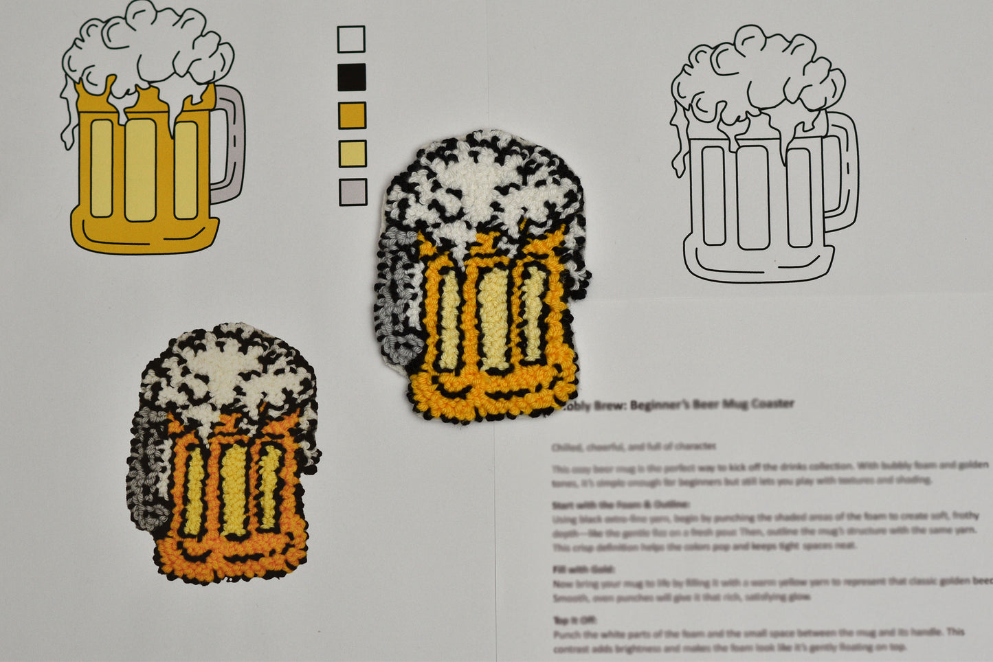 Illustrations of beer mugs with foam, color swatches, and text on a gray background