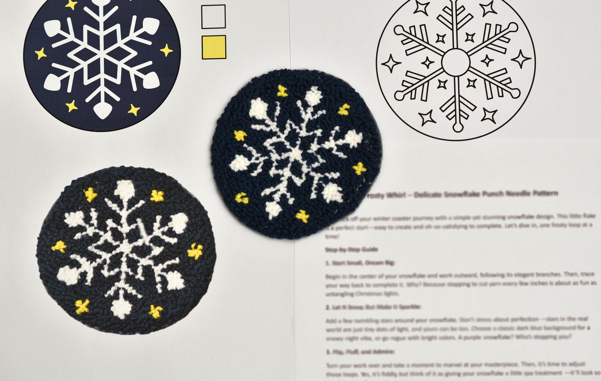 Punch needled Snowflake coaster designs on fabric with a pattern guide on a white background