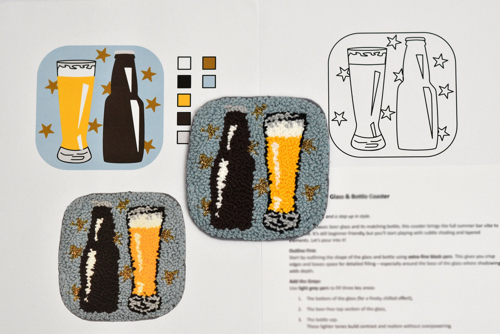 Punch needled coasters with beer bottle and glass design on a white background