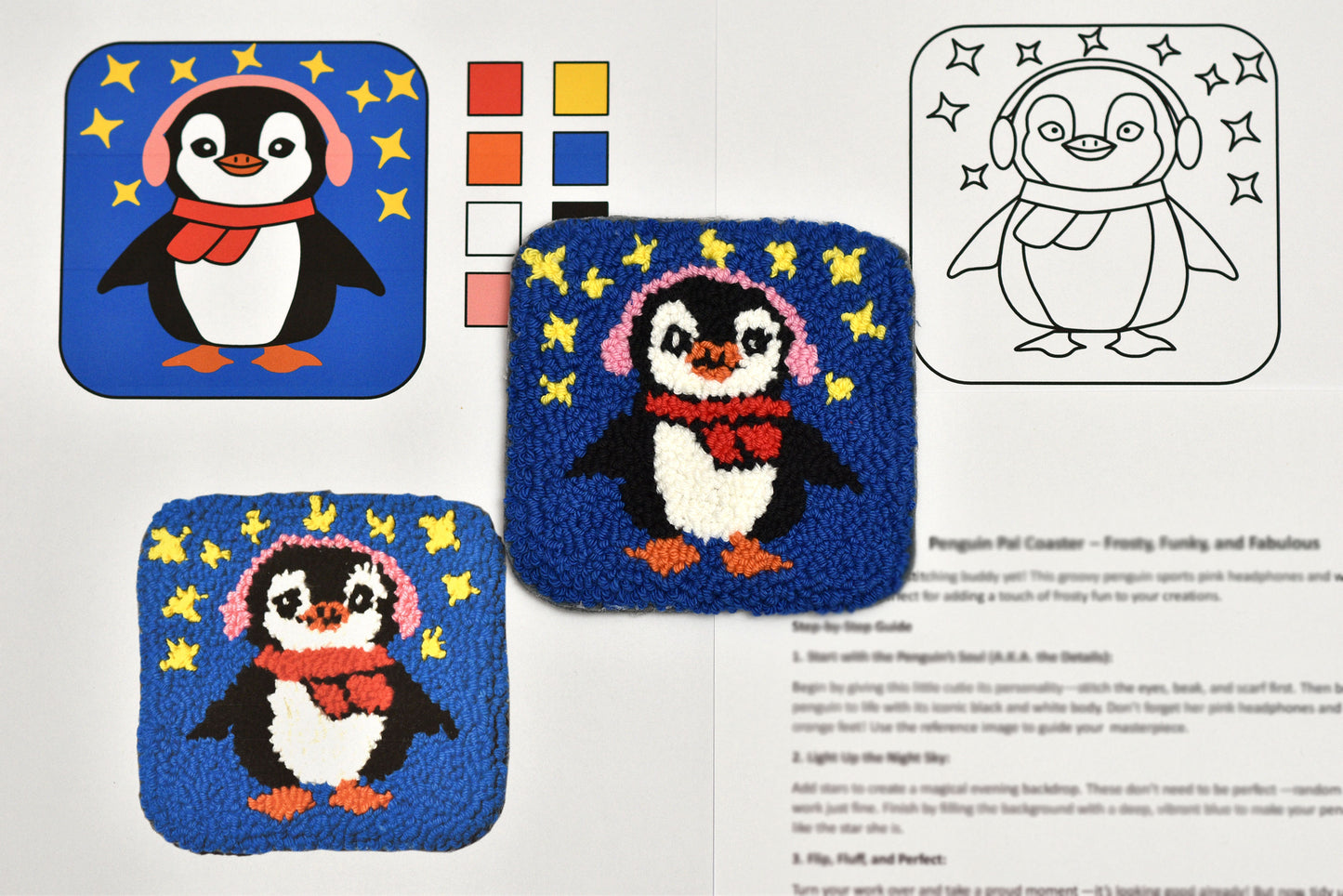 Penguin-themed punch needled coaster pattern with color swatches and instructions on a white background
