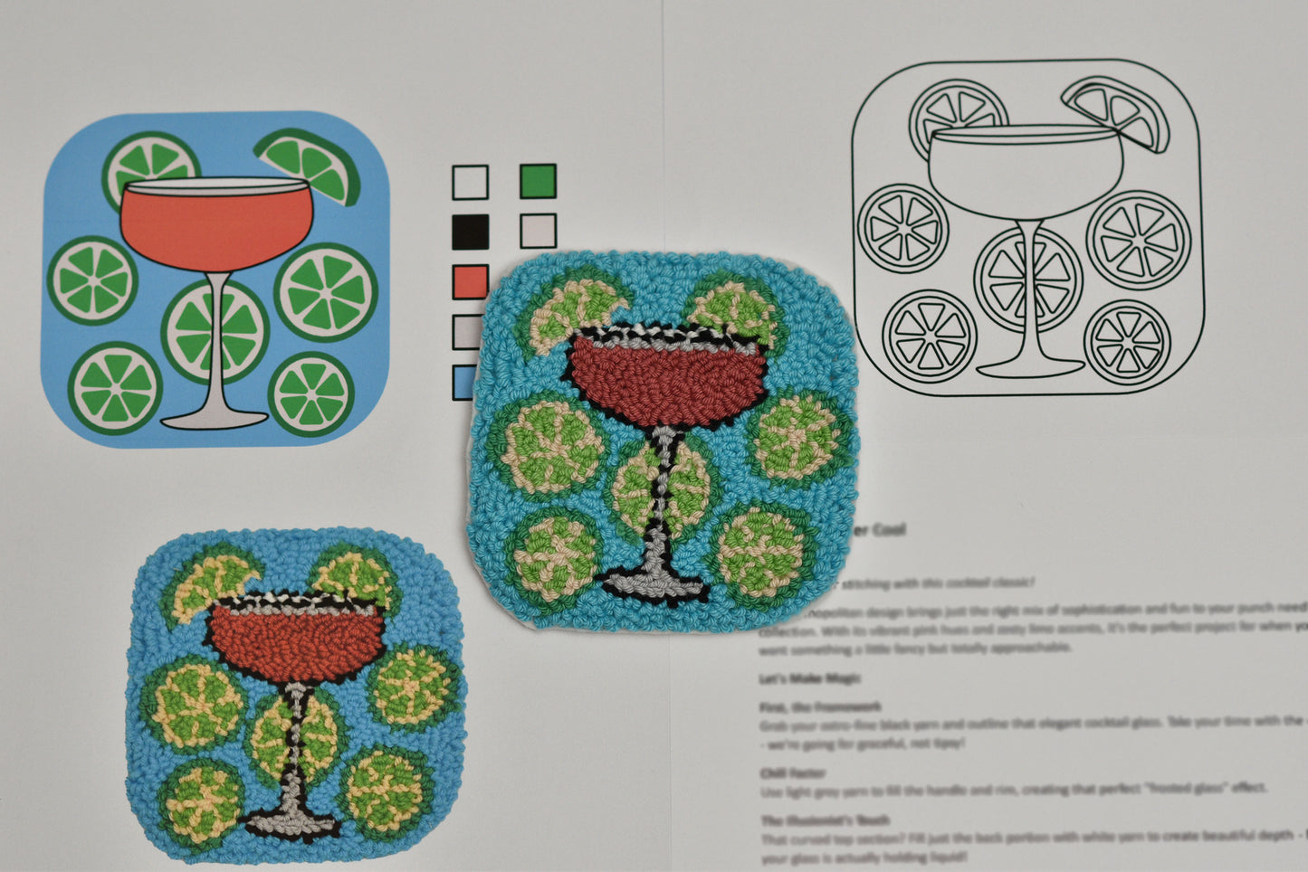 Three embroidered coasters with cocktail design on a white background