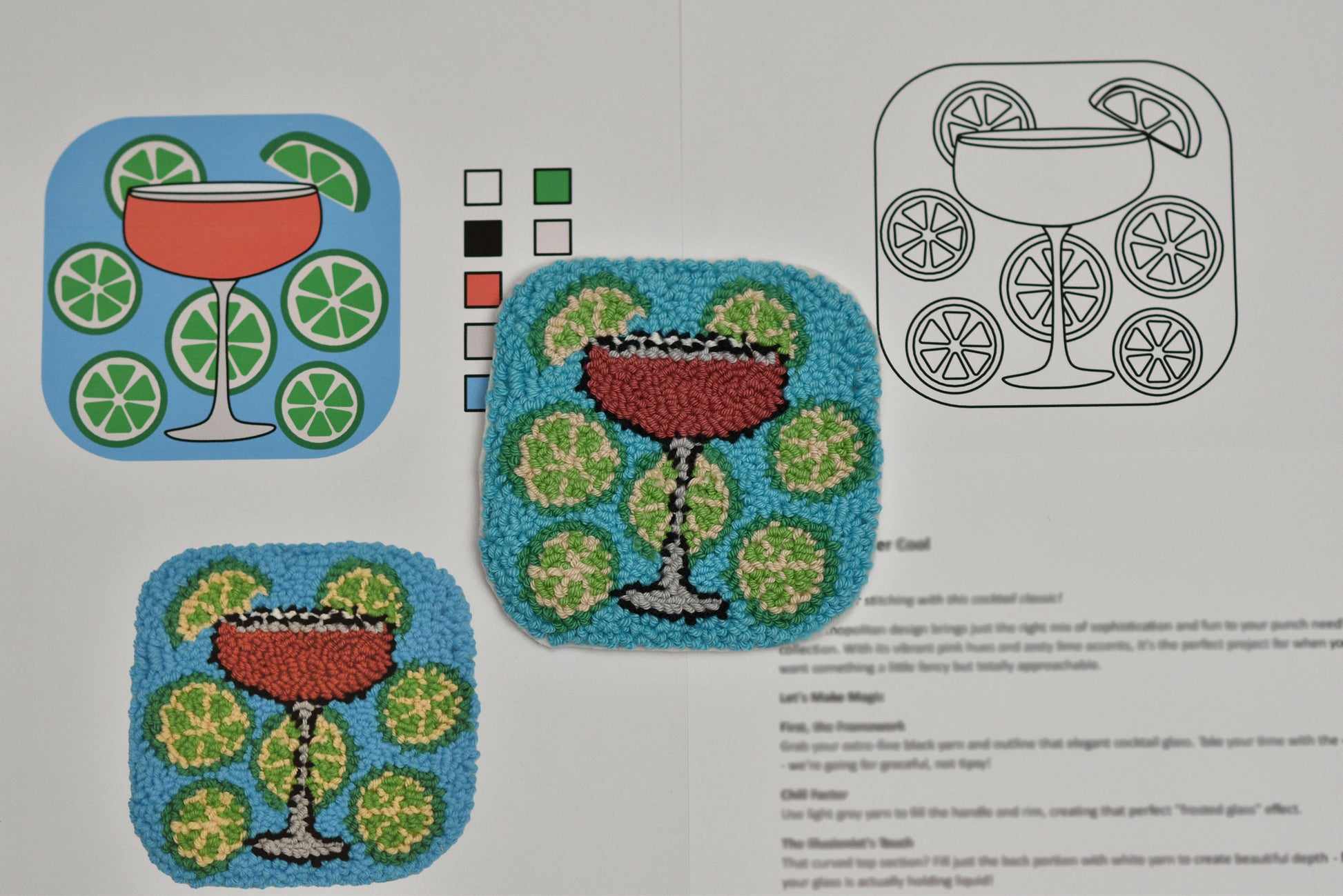 Three embroidered coasters with cocktail design on a white background