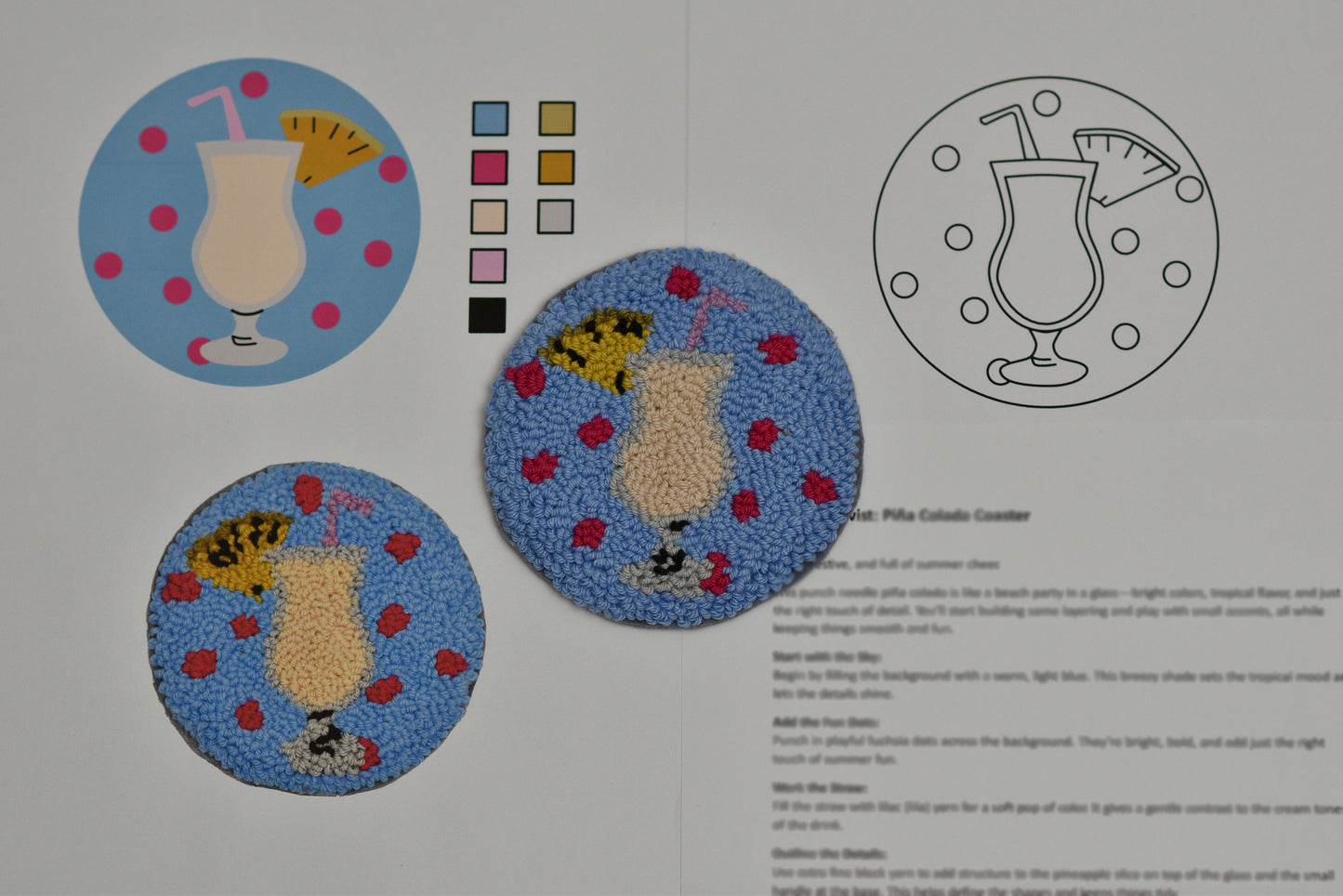 Two circular coasters with a Piña Colada cocktail design on a white background, along with color swatches and a line drawing.