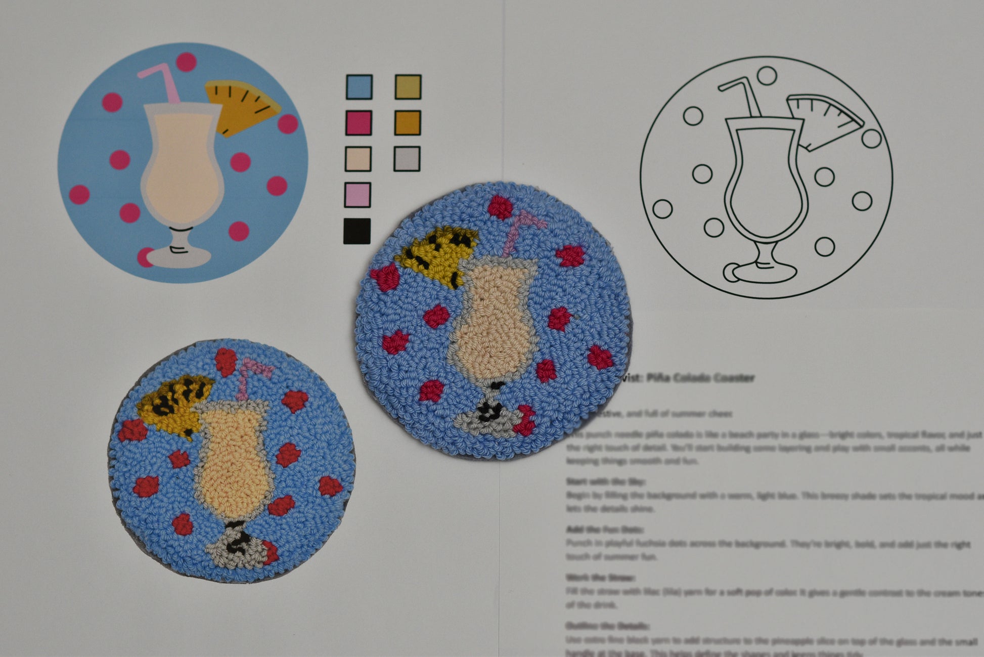 Two circular coasters with a Piña Colada cocktail design on a white background, along with color swatches and a line drawing.