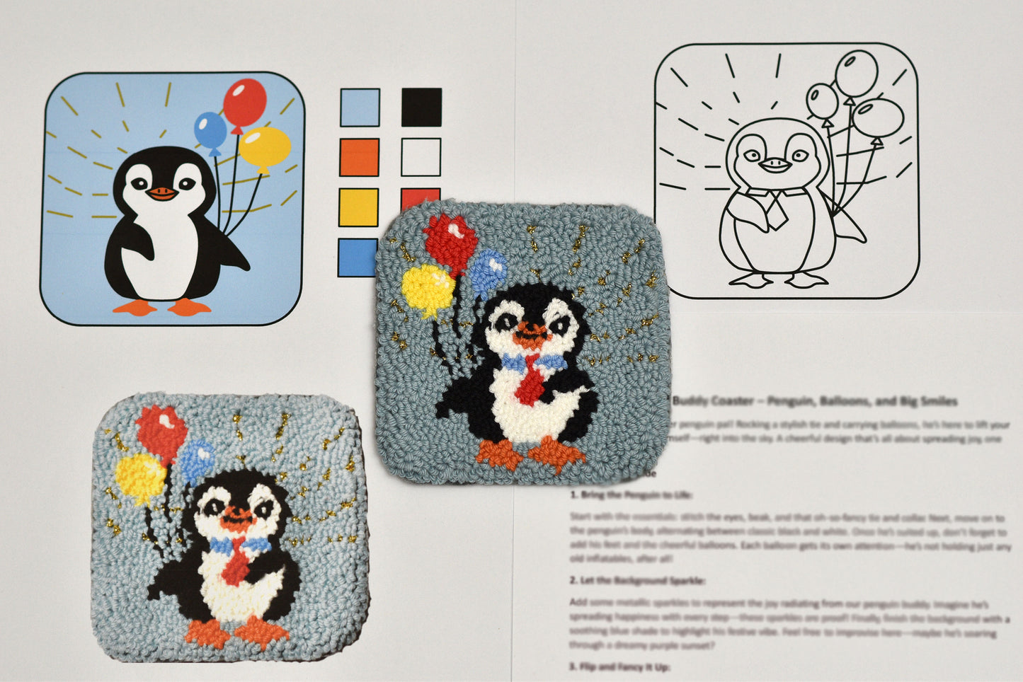 Coloring book page of a punch needled coaster with penguin design, balloons, and coloring guide.
