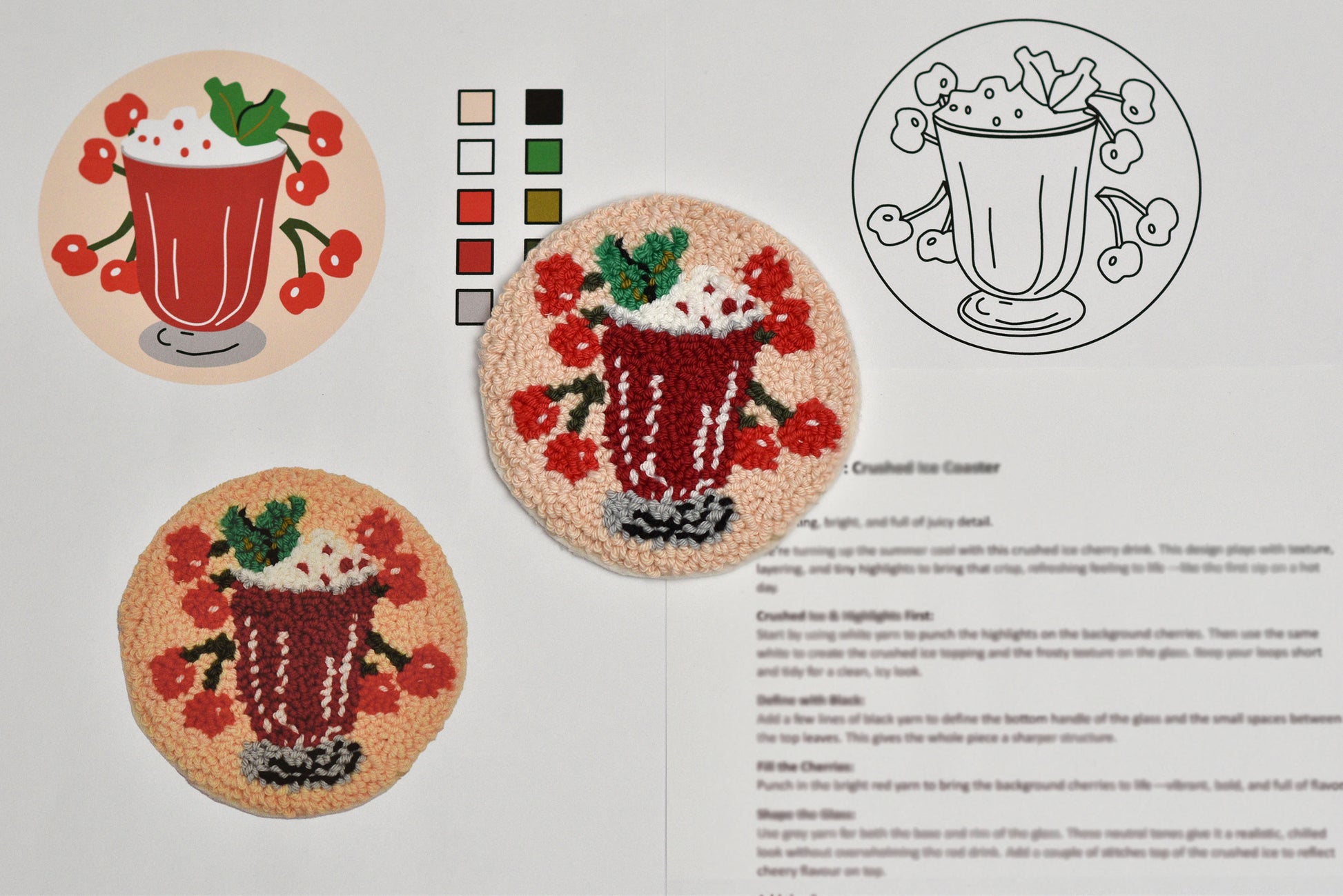 Patterned mug rug with a cherry cocktail design and color swatches on a white background