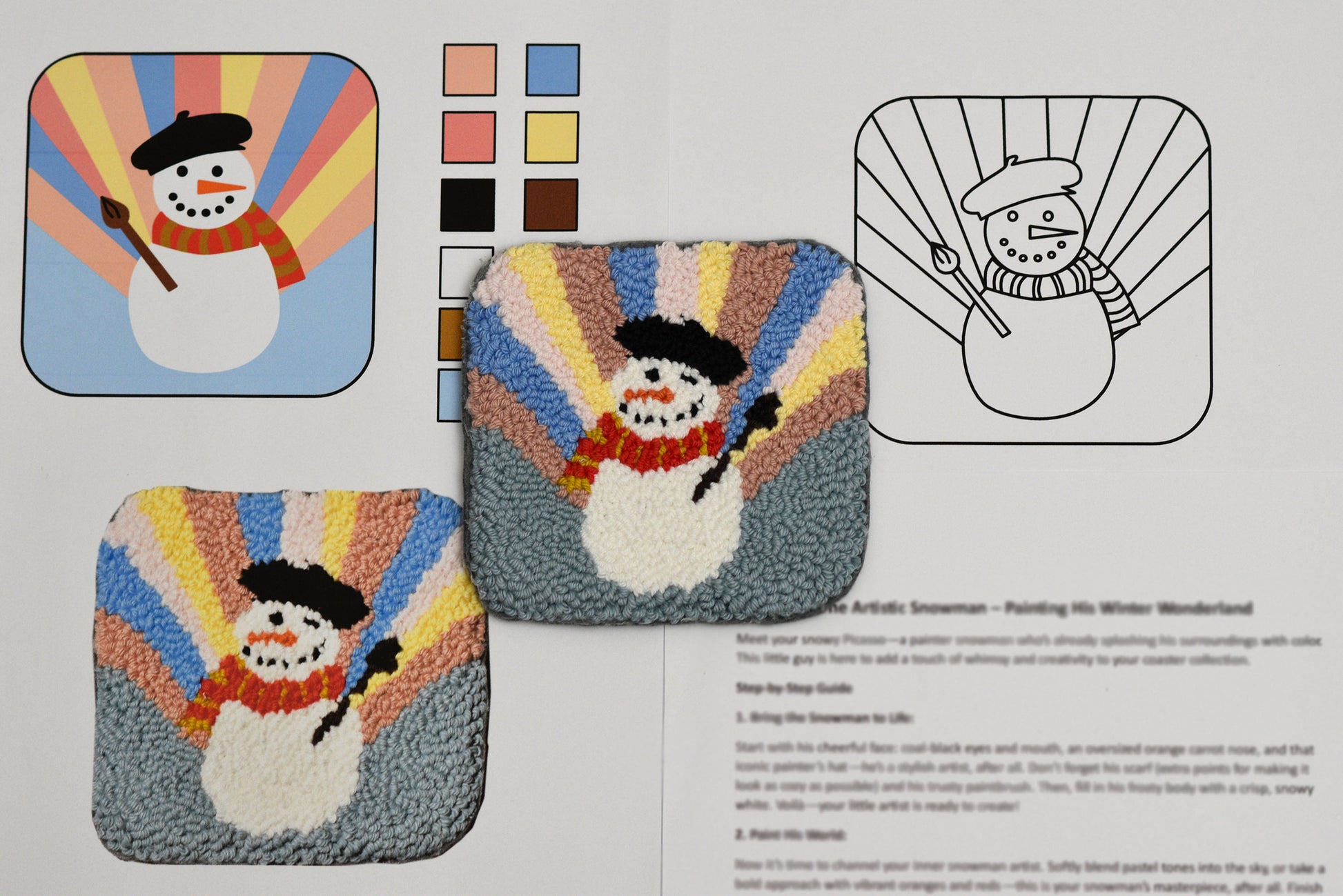 Mug Rug punch needle pattern with snowman design and color swatches on a paper background
