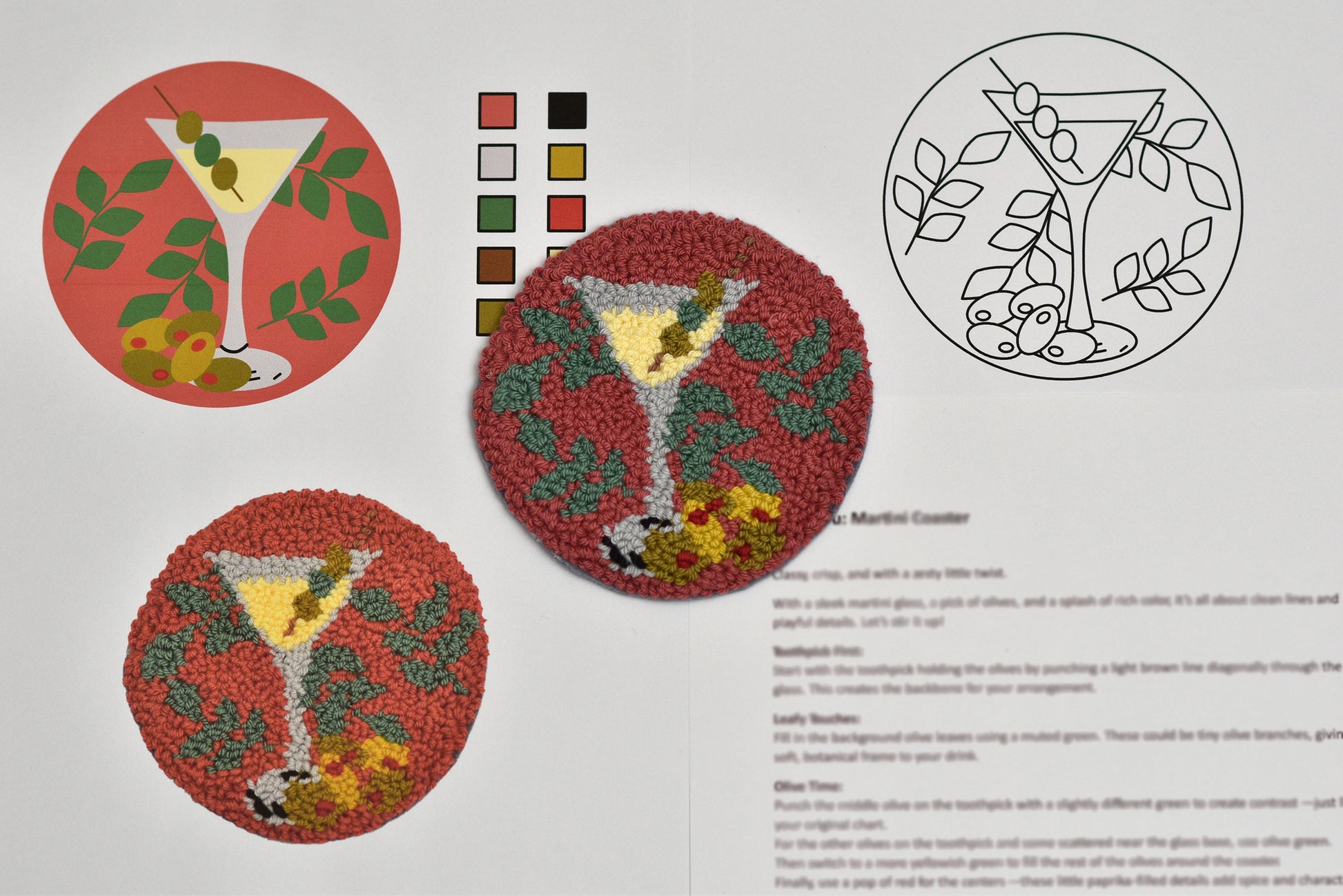 Three circular embroidered coaster designs of a martini glass with olives on a white background.