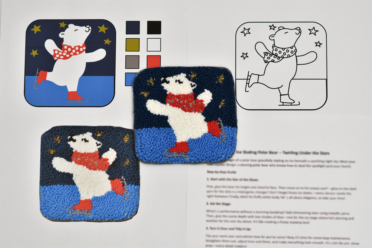 Two punch needled mug rug patterns of a polar bear with a red scarf on a printed design sheet.