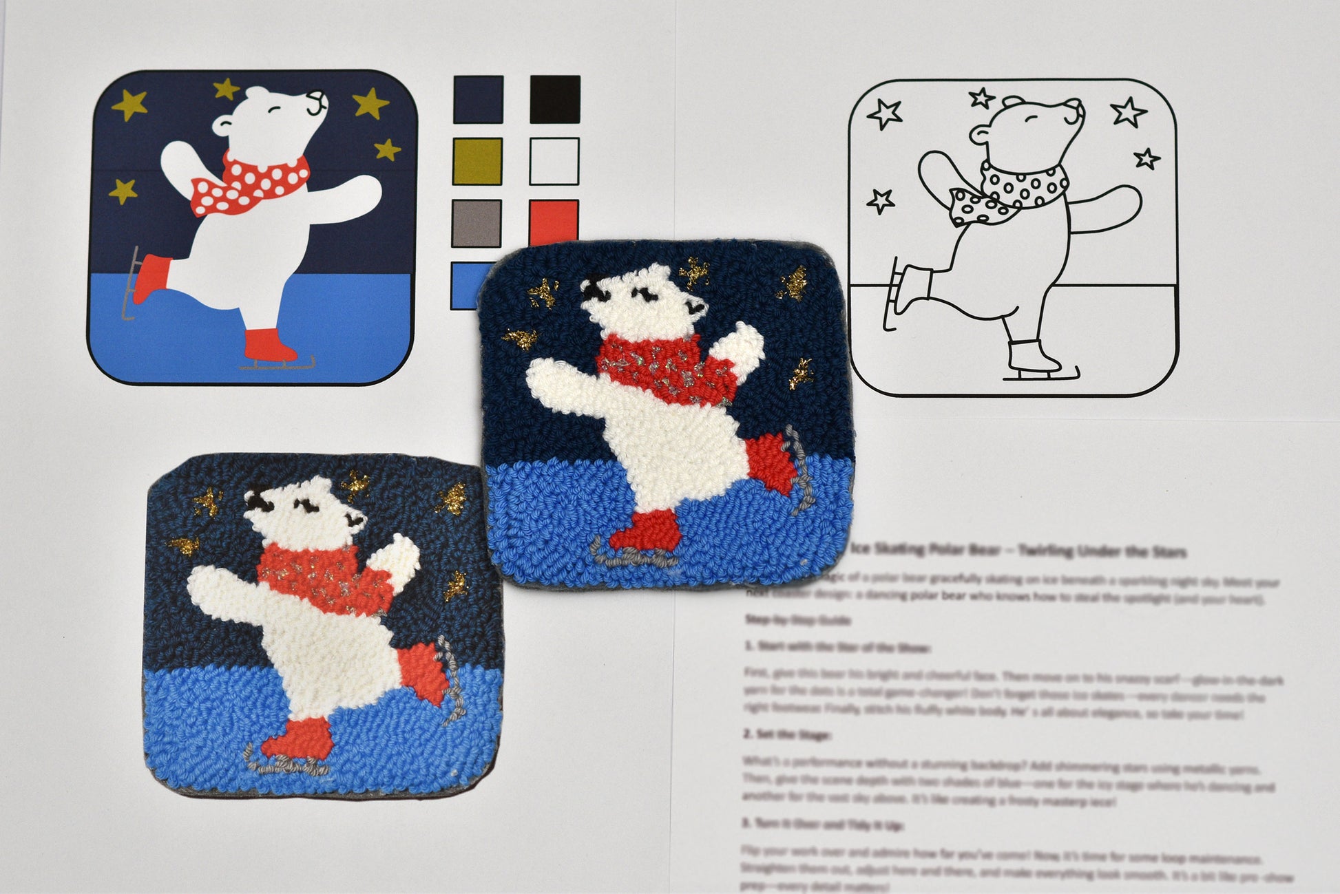 Two punch needled mug rug patterns of a polar bear with a red scarf on a printed design sheet.