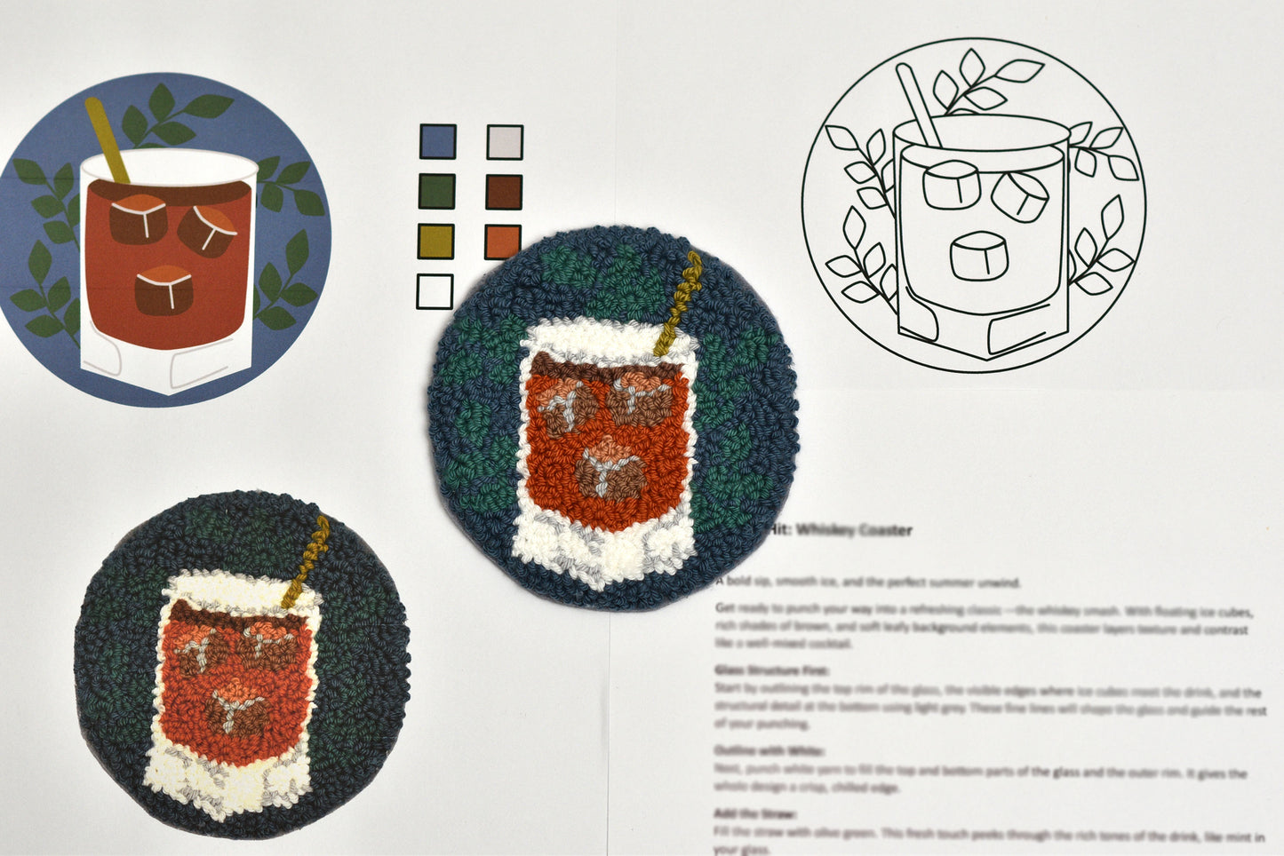 Punch needled coasters with a design of a Whiskey, color swatches, and a line drawing.