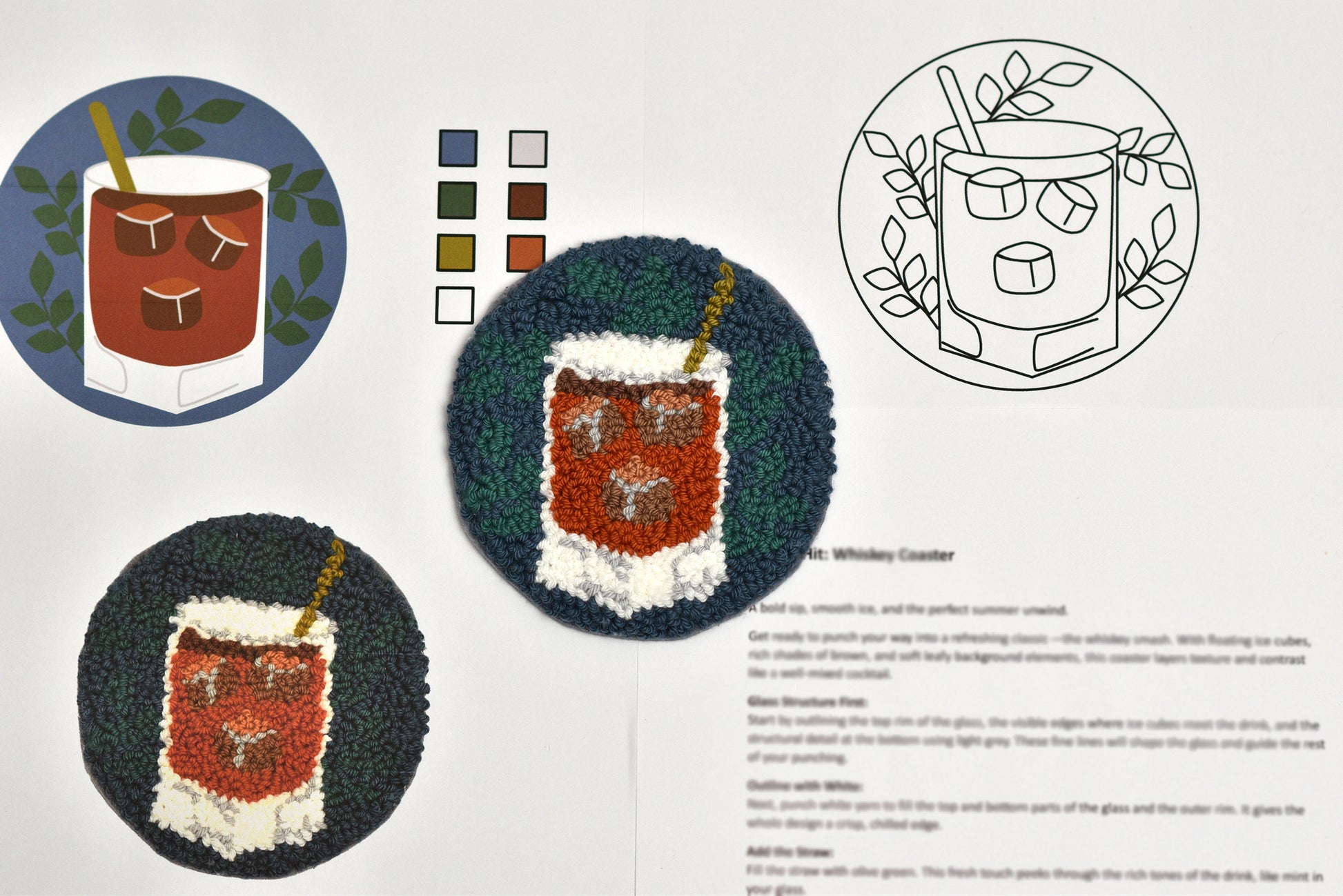 Punch needled coasters with a design of a Whiskey, color swatches, and a line drawing.