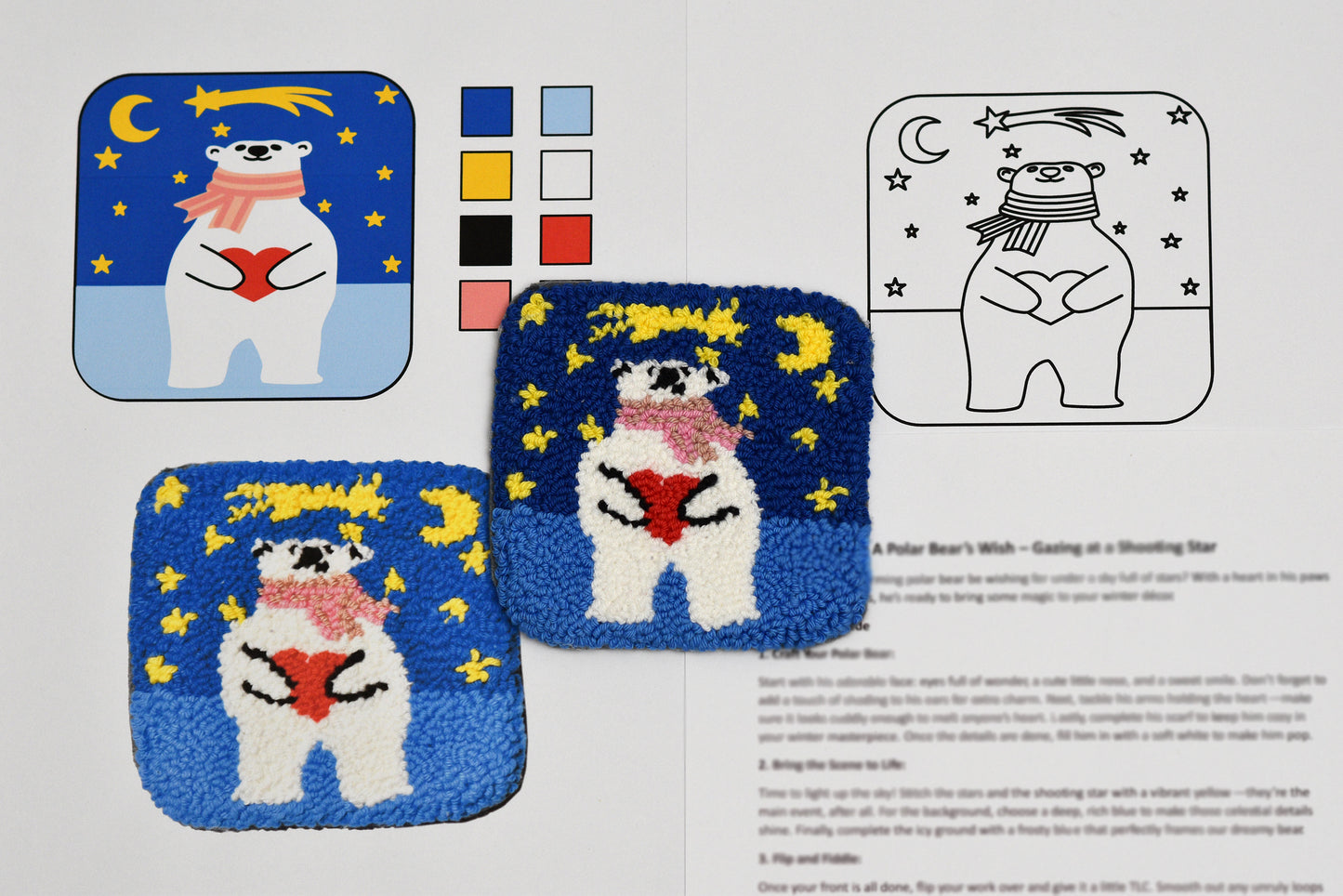 Two punch needled coasters with a polar bear design on a patterned background