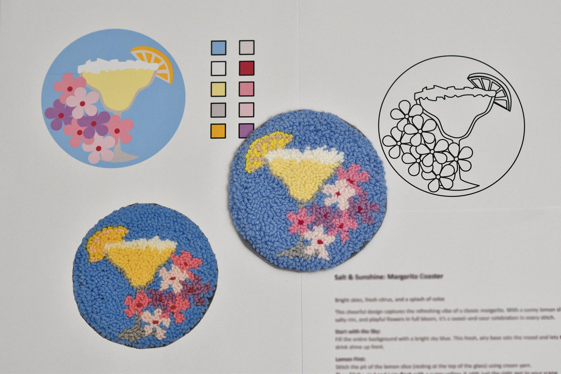 Punch needled coasters with Margarita cocktail designs and color swatches on a printed pattern sheet.
