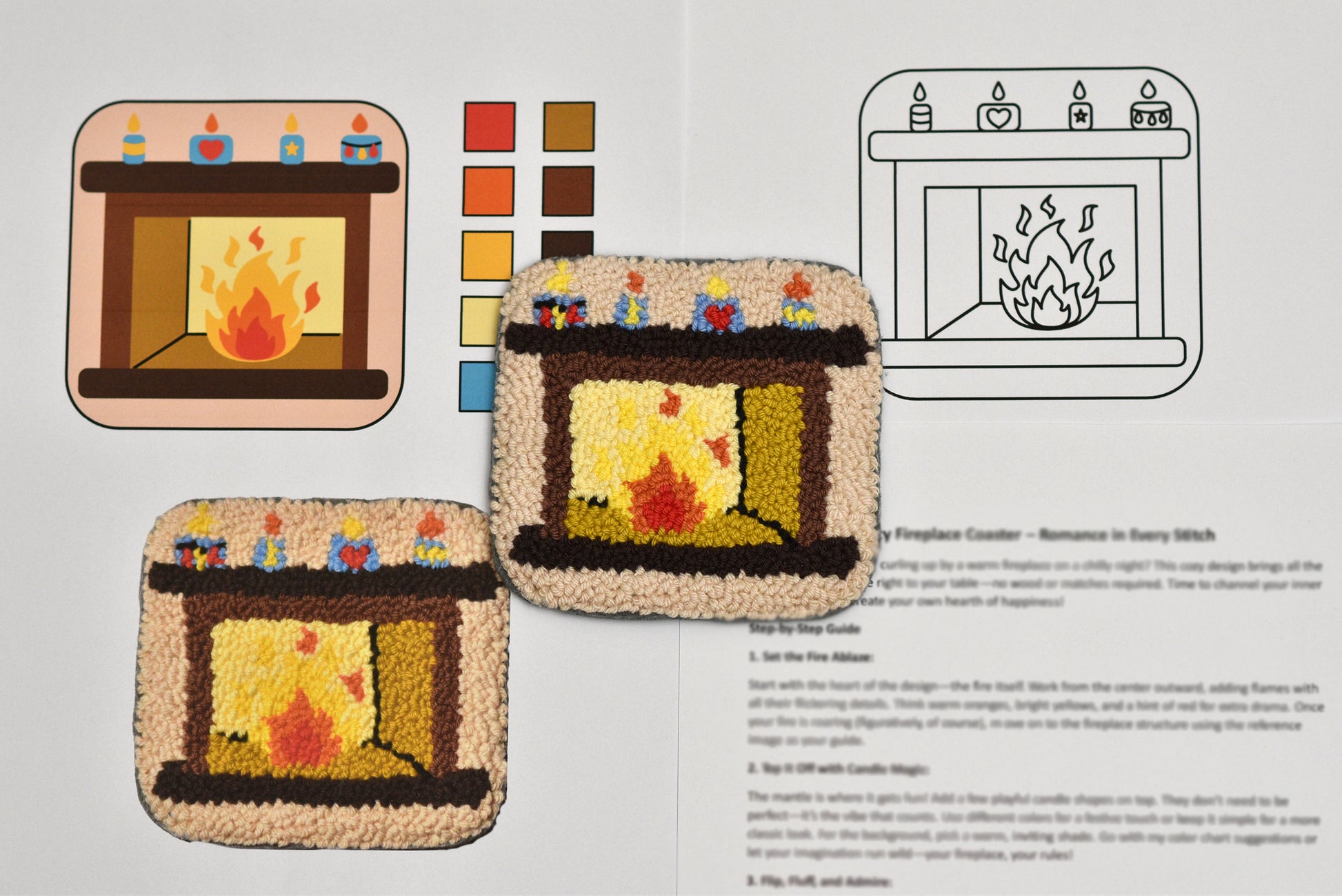 Mug Rug design with fireplace scene and color swatches on a printed page.