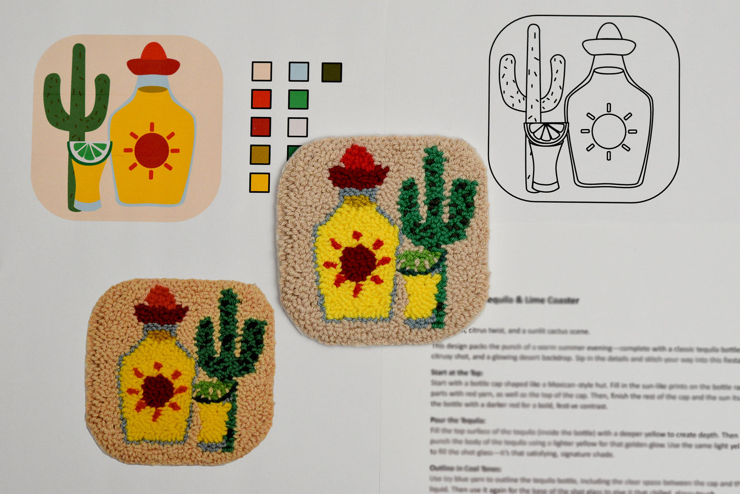Color swatches and embroidered designs with tequila bottle, cactus, and lime garnish on a white background.