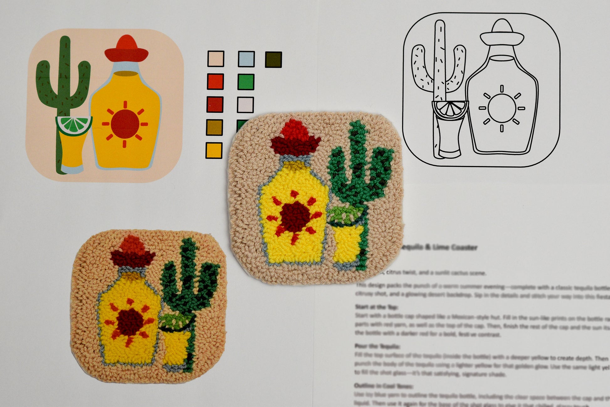 Color swatches and embroidered designs with tequila bottle, cactus, and lime garnish on a white background.
