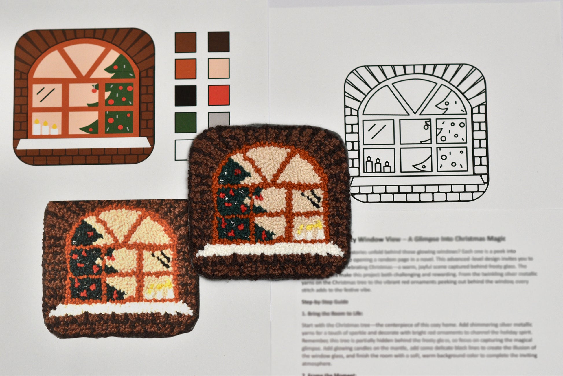 Three punch needled mug rug projects with color swatches and a design diagram on a white background.