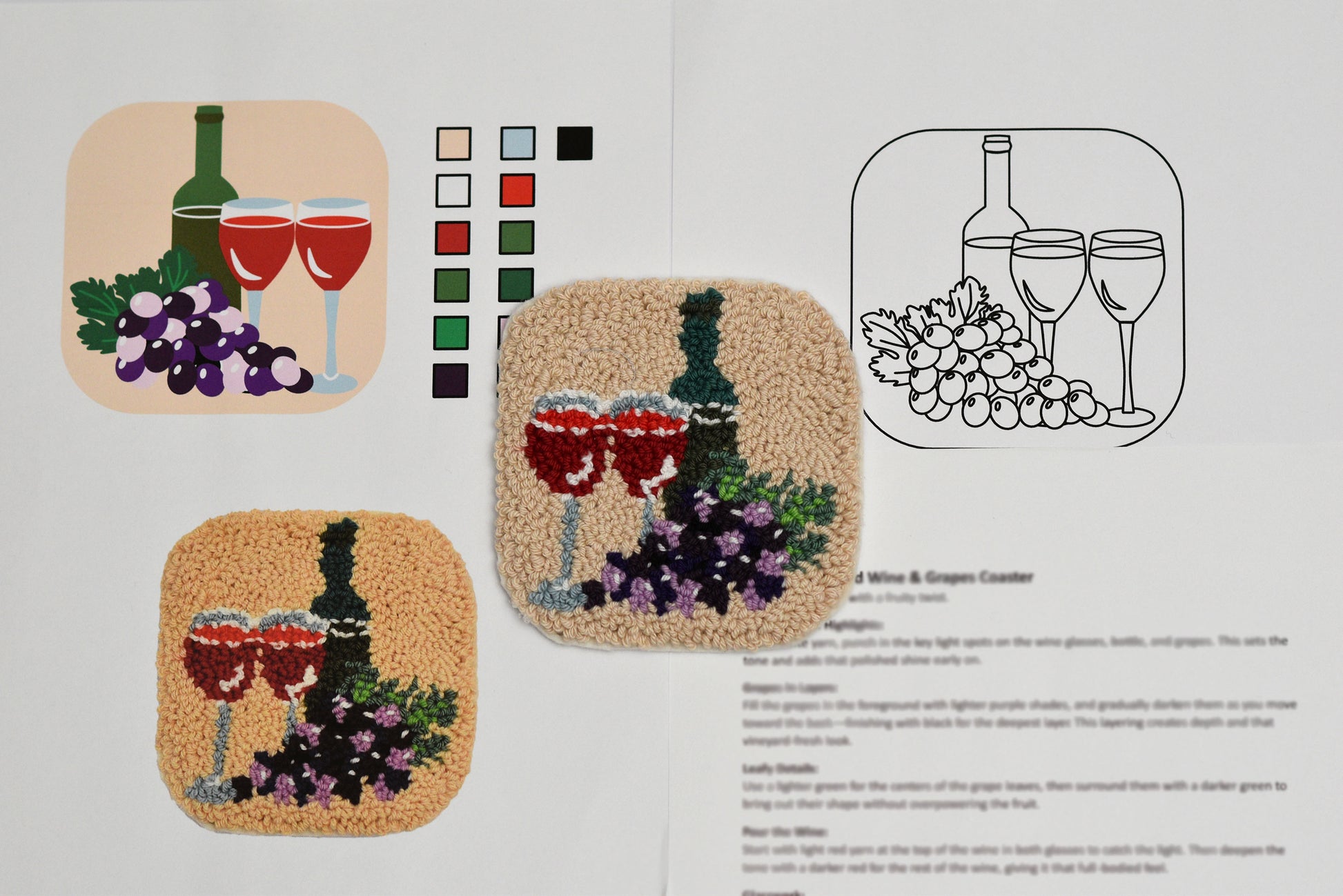 Design and color swatch for a wine-themed coaster set.