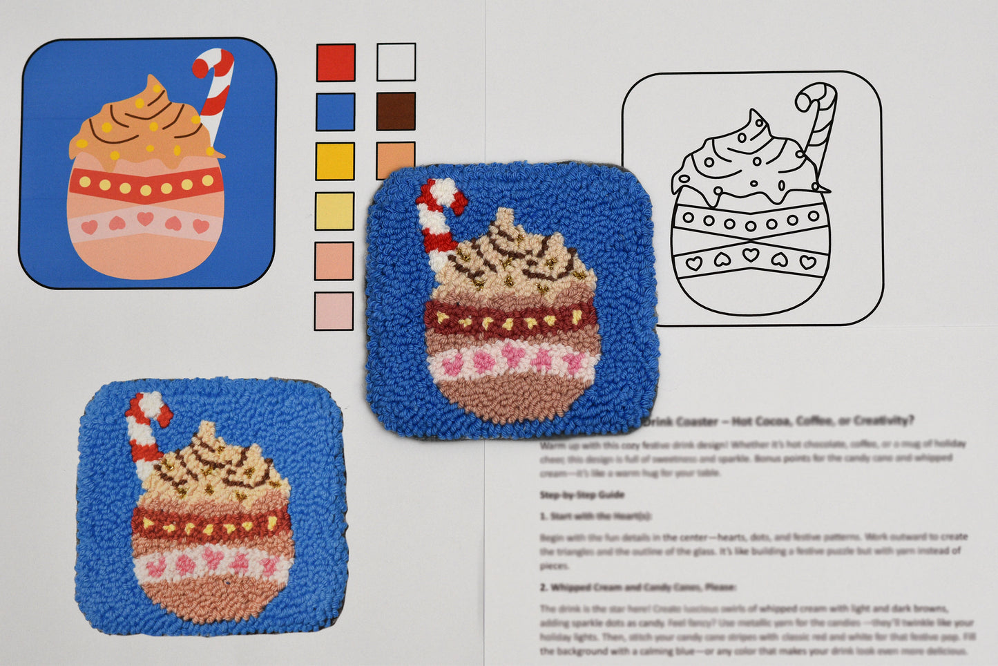 Embroidery coaster pattern with a hot Cocoa mug design, color swatch, and step-by-step instructions.