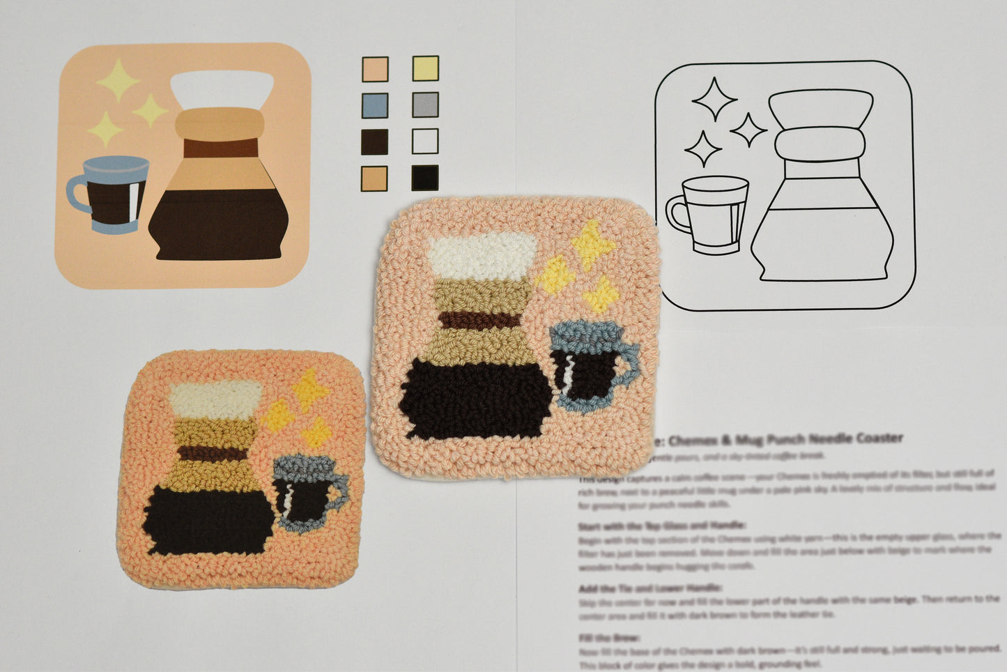 Coaster set with coffee-themed chemex design and punch needle pattern on a gray background