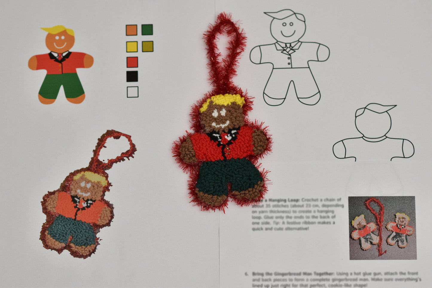 Instructions for making a gingerbread man ornament  with color swatches and diagrams.
