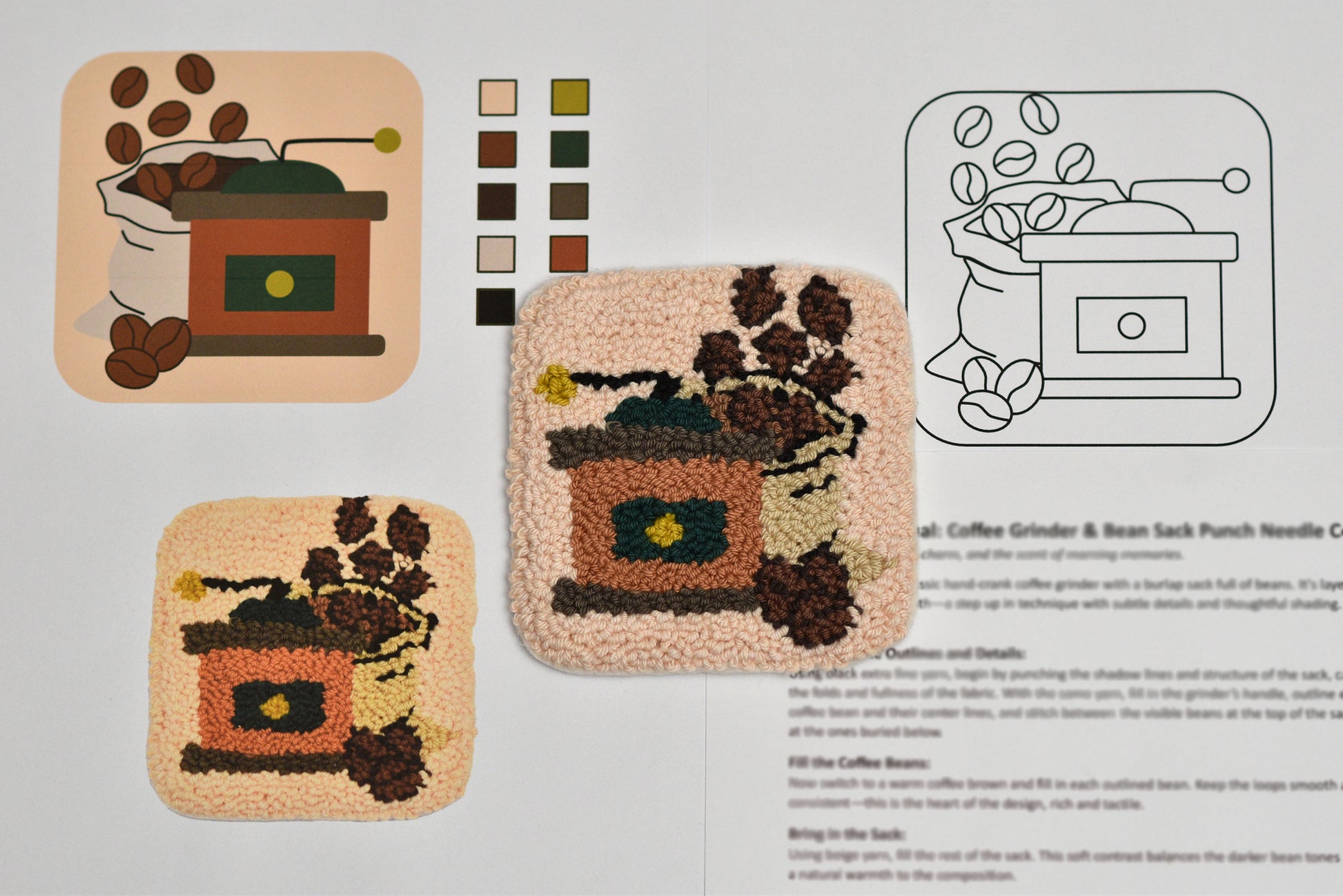 Decorative punch needle coasters with coffee grinder and beans design, color swatches, and a coloring page on a gray background.