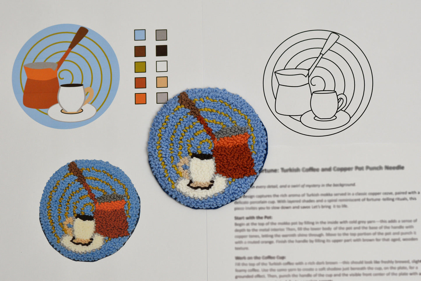 Three embroidered coffee-themed coasters with a punch needle pattern on a white background.