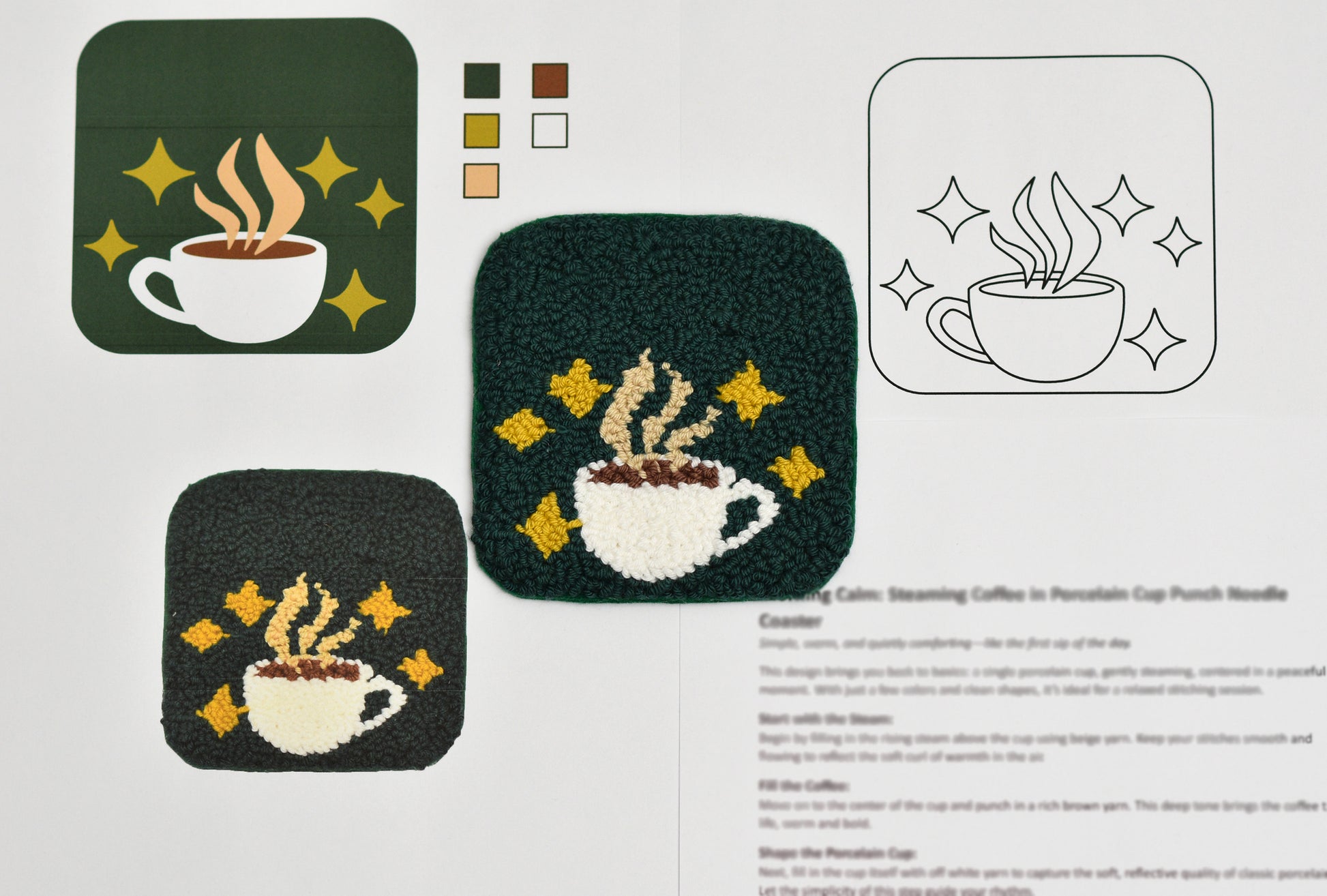 Decorative punch needle coasters with coffee cup design on a white background