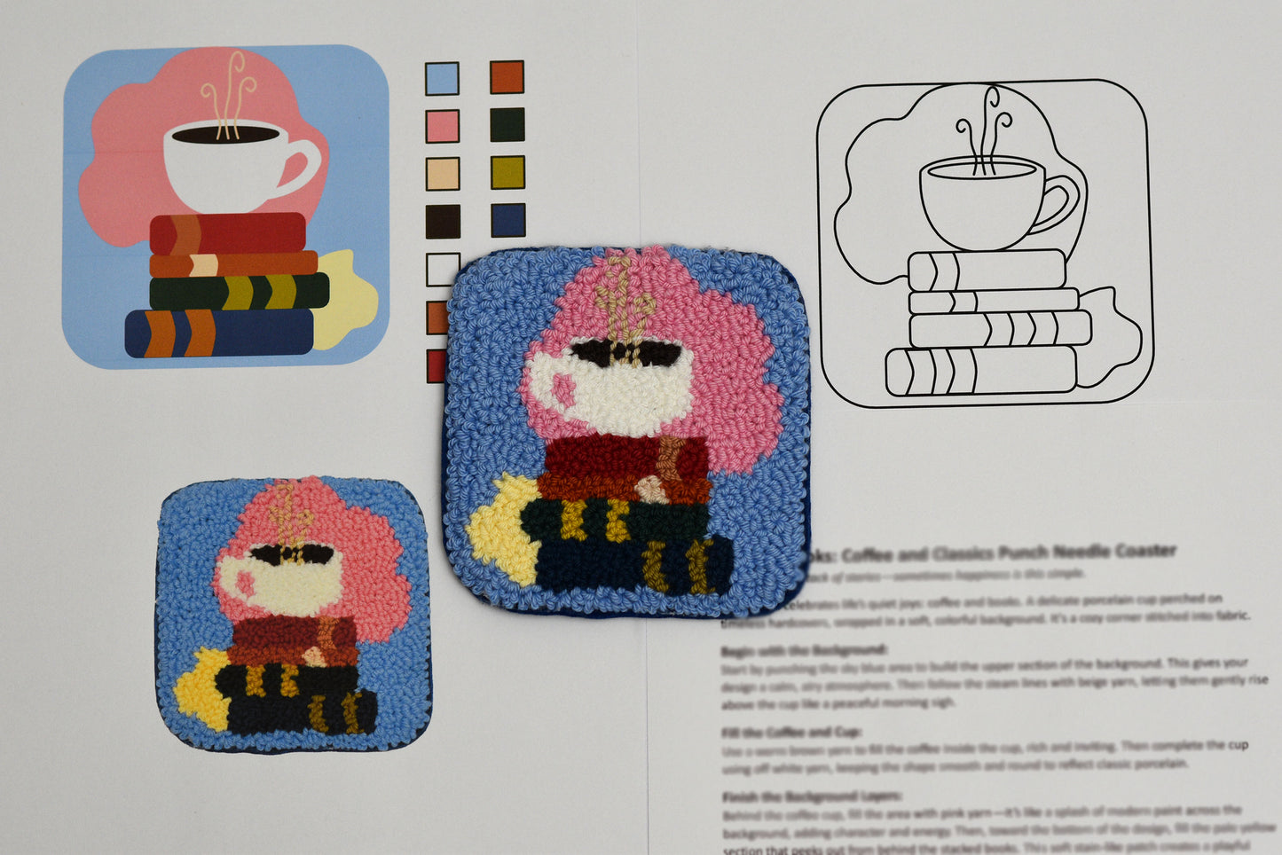 Embroidery coaster pattern with a coffee cup and books design on fabric swatches.