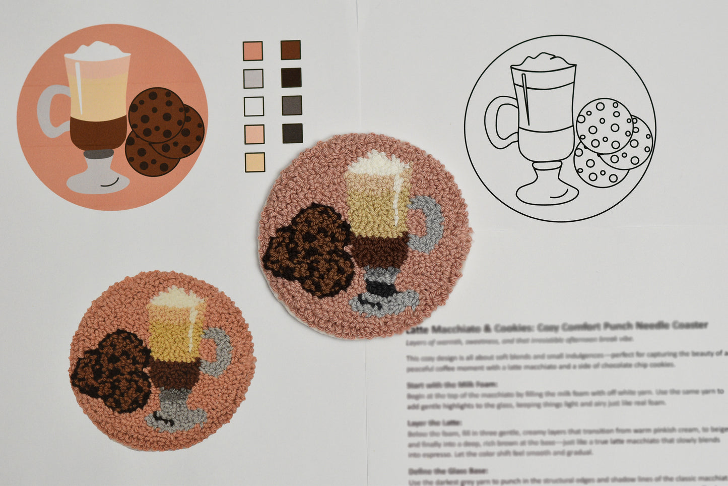 Patterned punch needle coaster with coffee-themed design and color swatches.