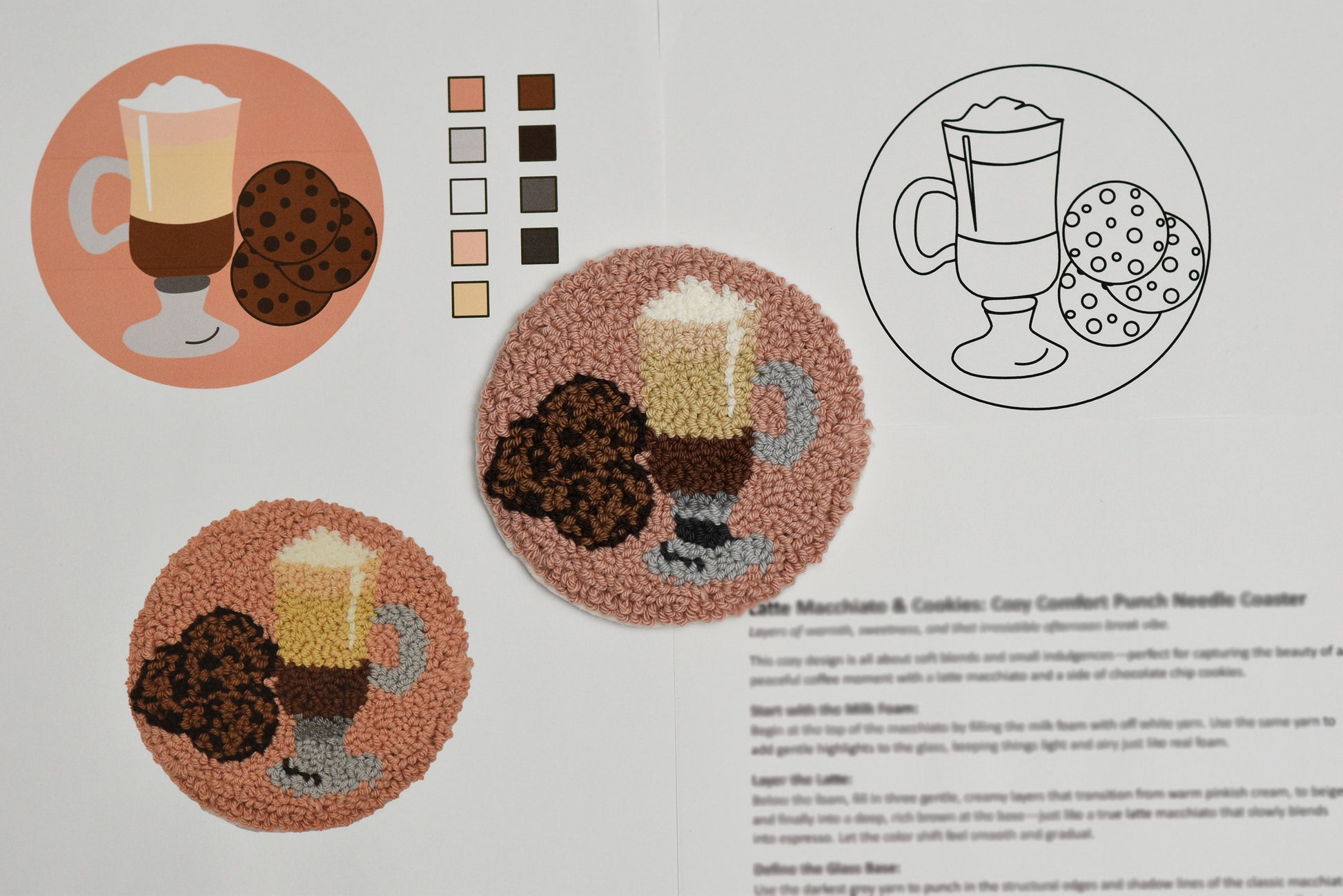 Patterned punch needle coaster with coffee-themed design and color swatches.