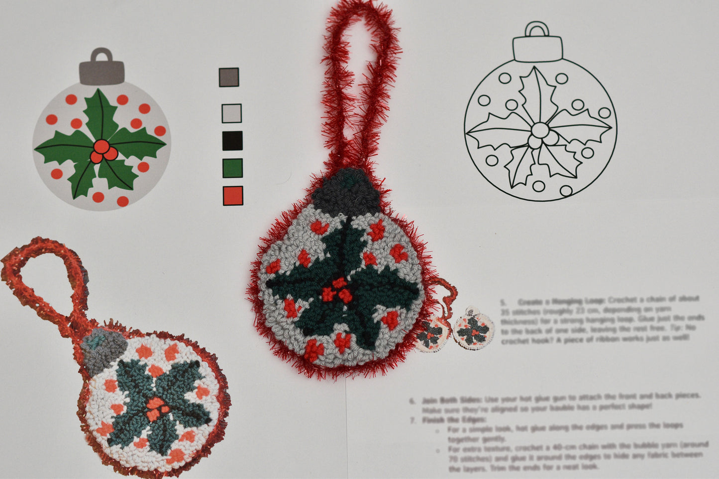 Punch needled Christmas ornament pattern with mistletoe design on a white background