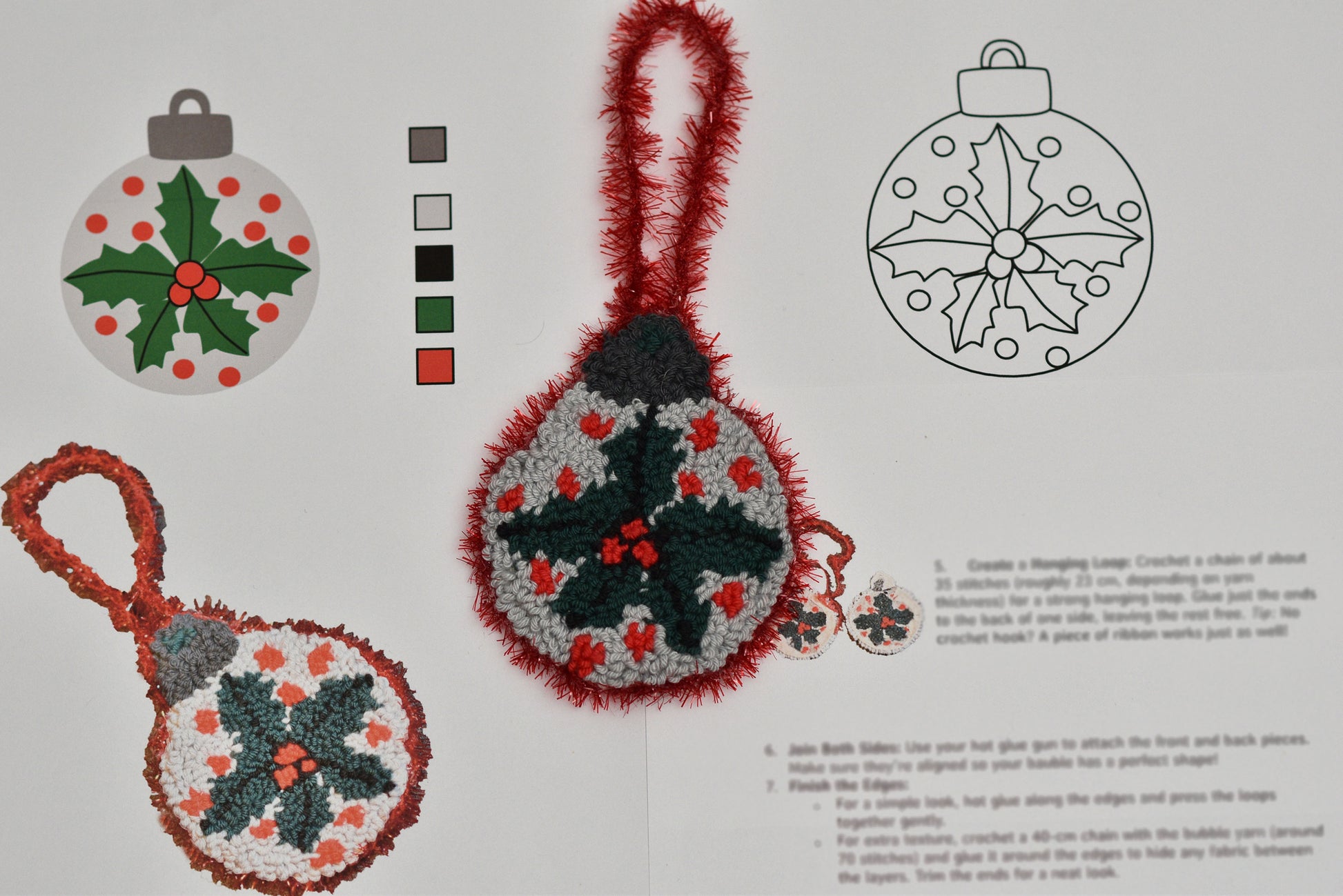 Punch needled Christmas ornament pattern with mistletoe design on a white background