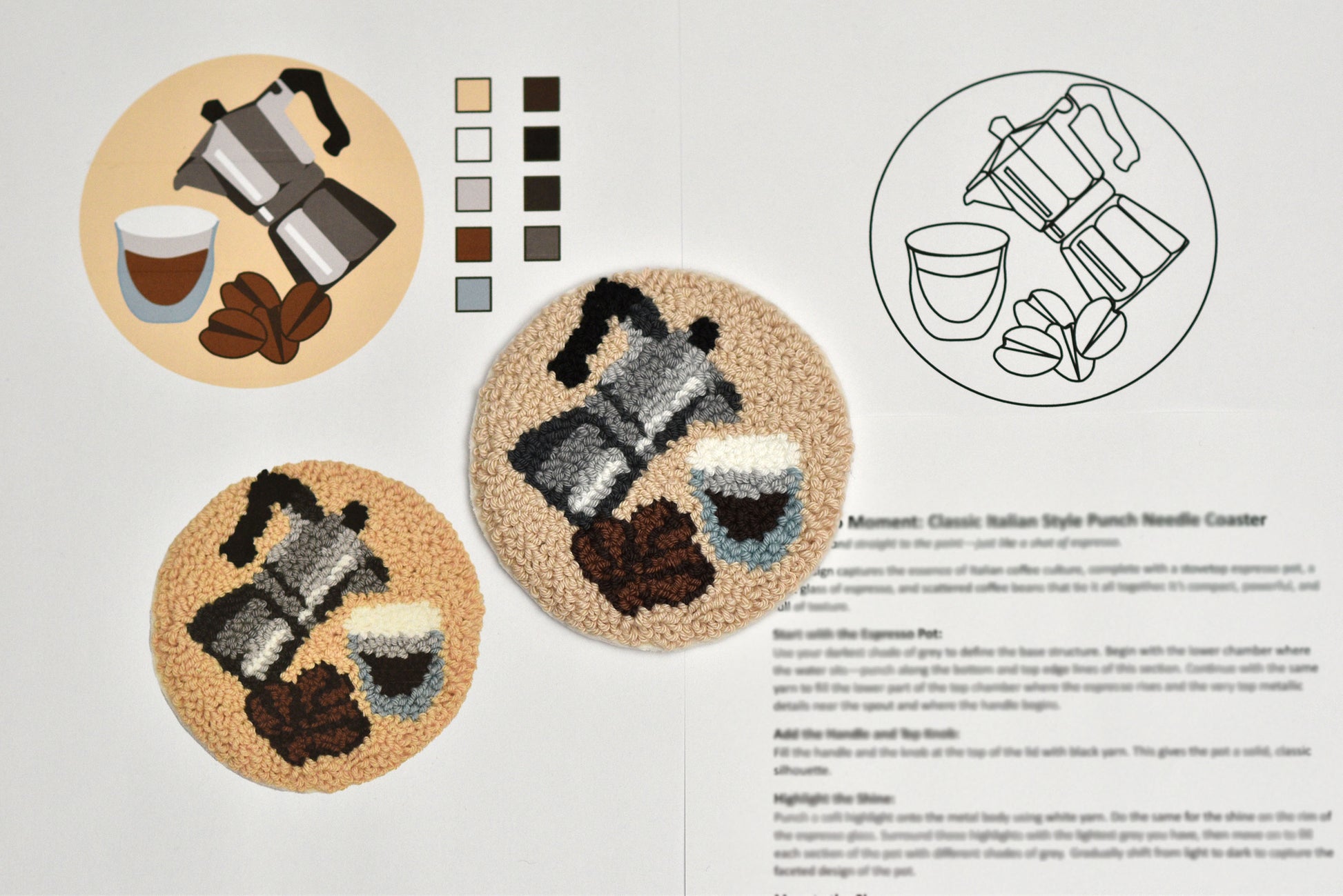Two round punch needled coasters with Espresso coffee-themed design on a light gray background