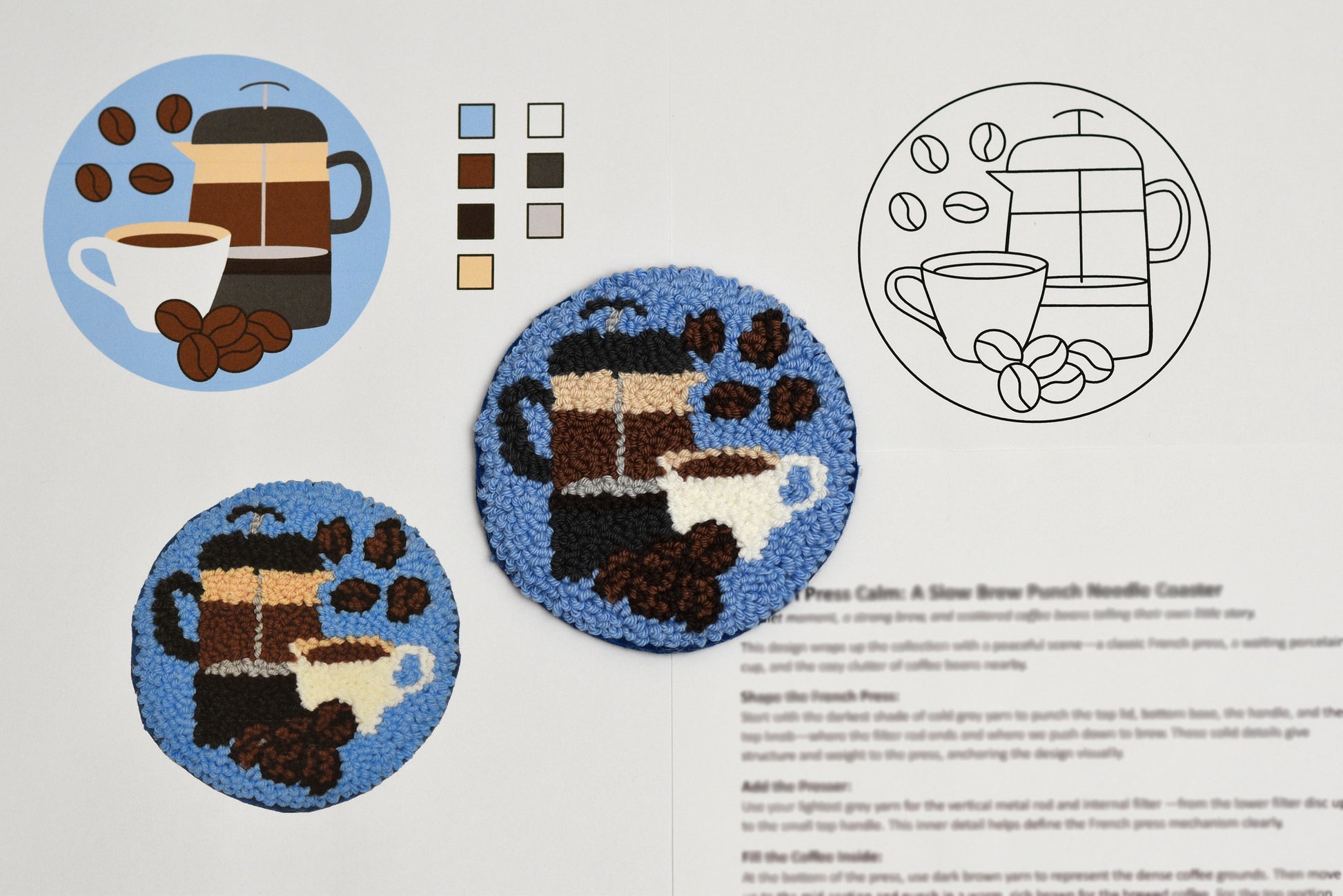 Coffee-themed punch needle pattern with color swatches and text on a white background