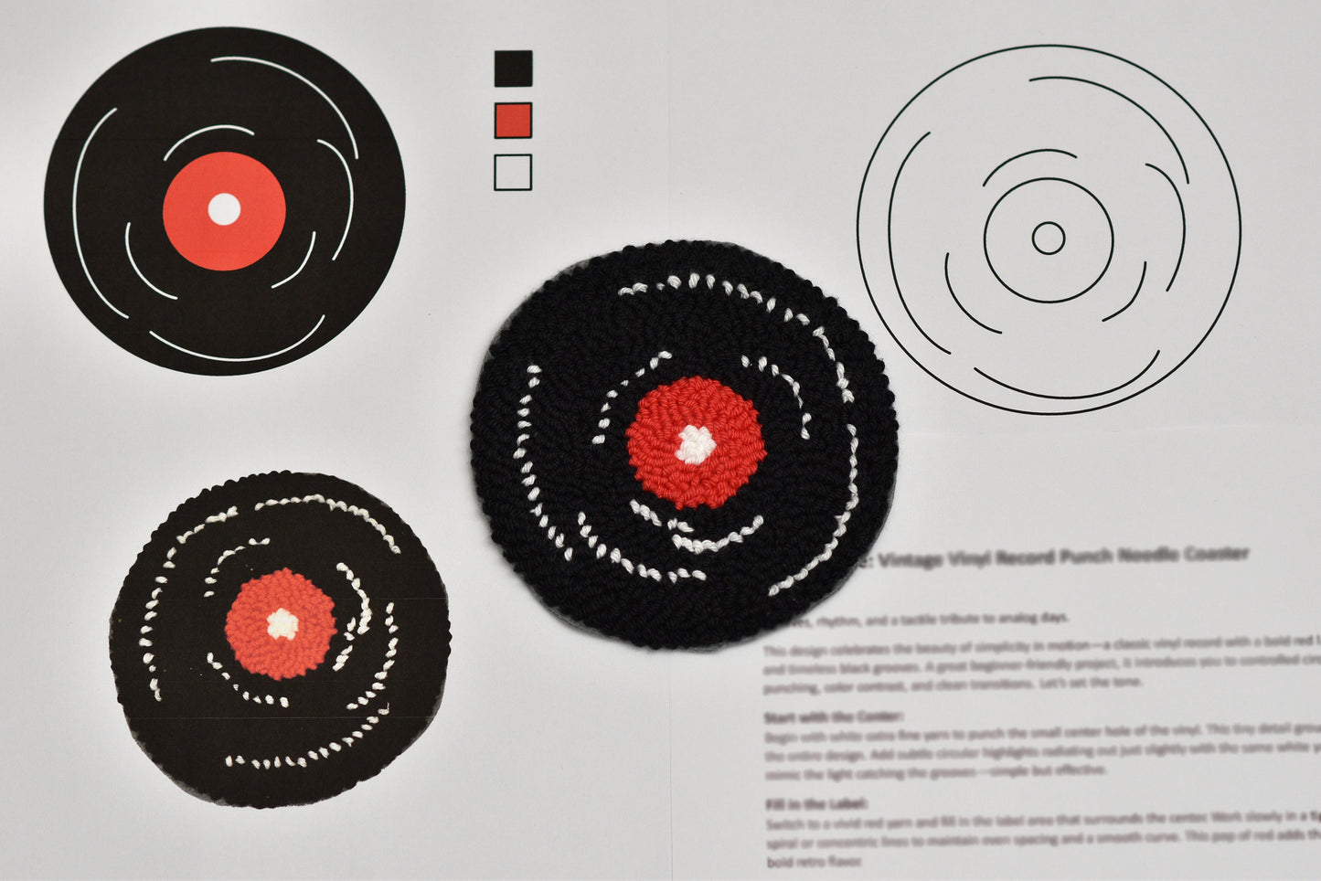 Vintage vinyl record-themed punch needle coasters on a gray background with text.