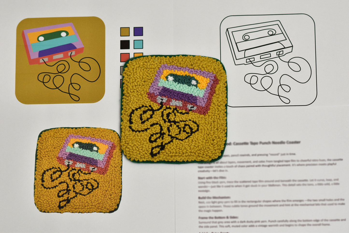 Two embroidered coasters with cassette tape designs on a white background