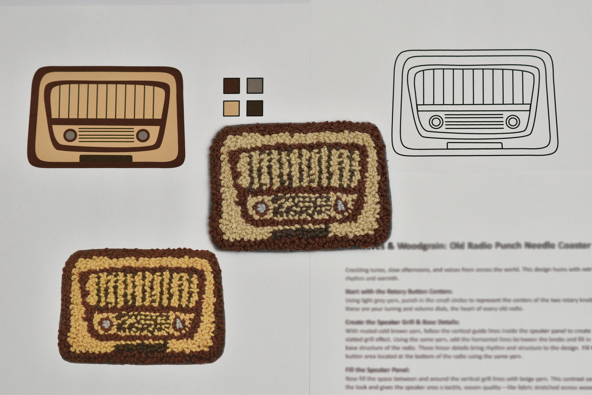 Three radio-shaped coasters with a pattern on a white background