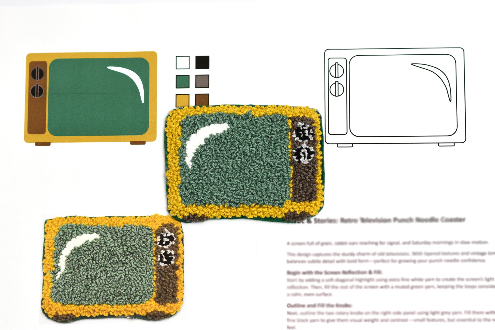 Television-themed punch needle coaster with green screen design, surrounded by color swatches and a line drawing of a television.