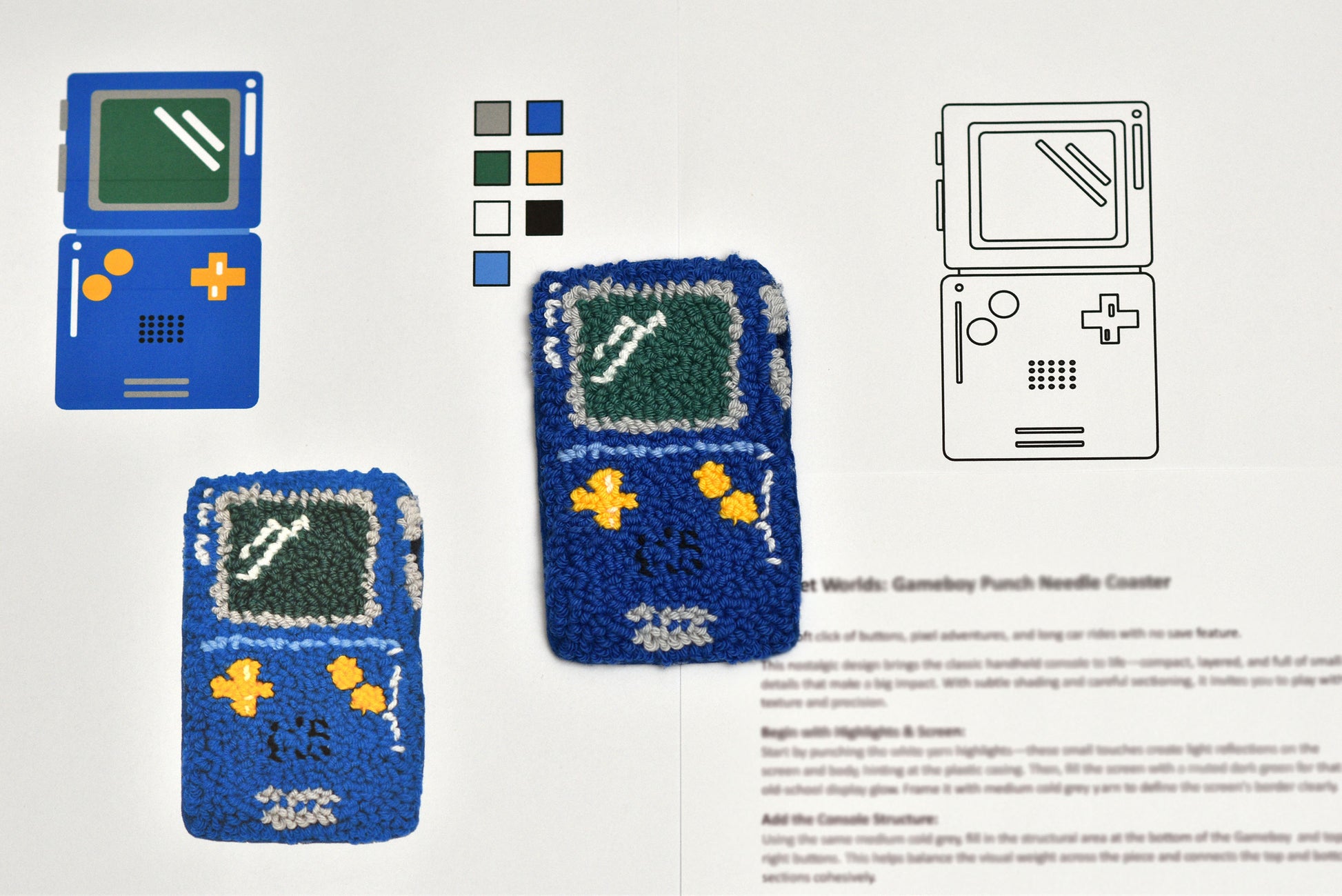Embroidered Game Boy console coaster with color swatches and line drawing on a white background
