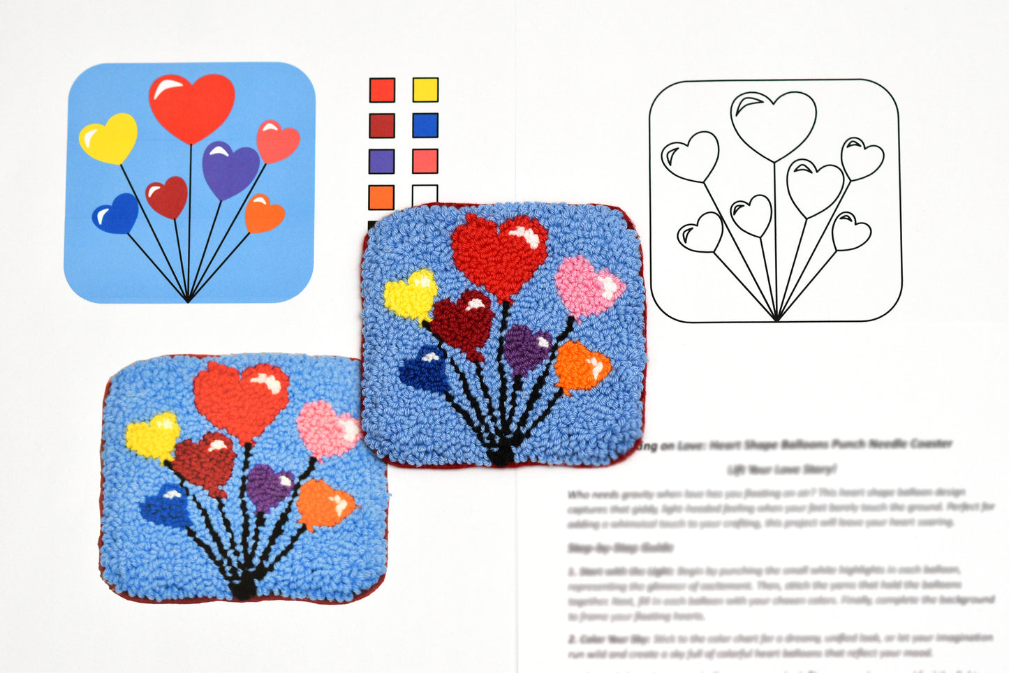 Colorful coasters with heart-shaped balloon designs on blue fabric with color swatches and a diagram.