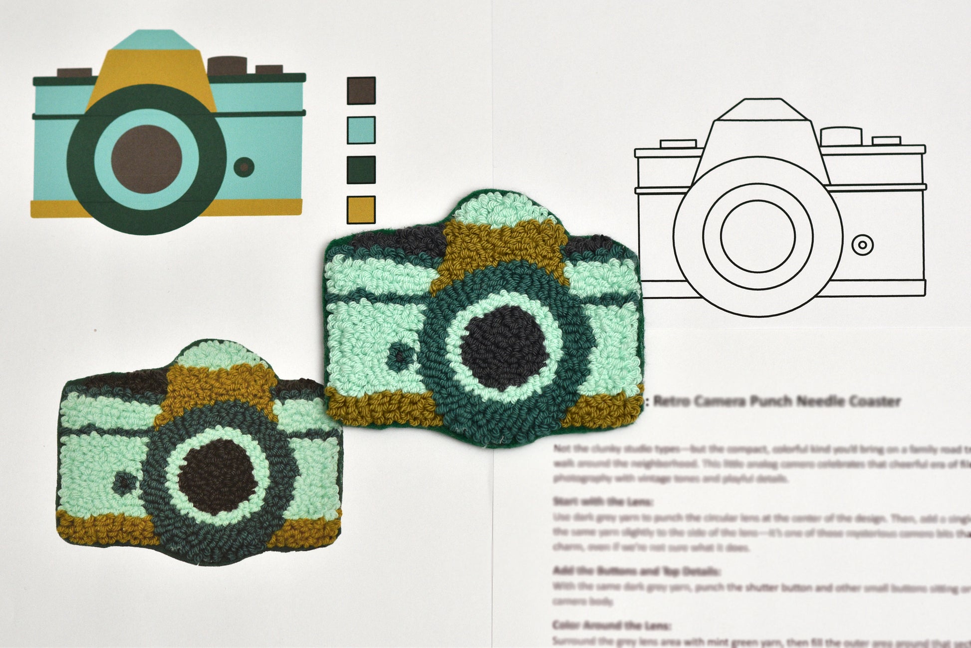 Camera-shaped punch needle coasters with a design guide on a white background