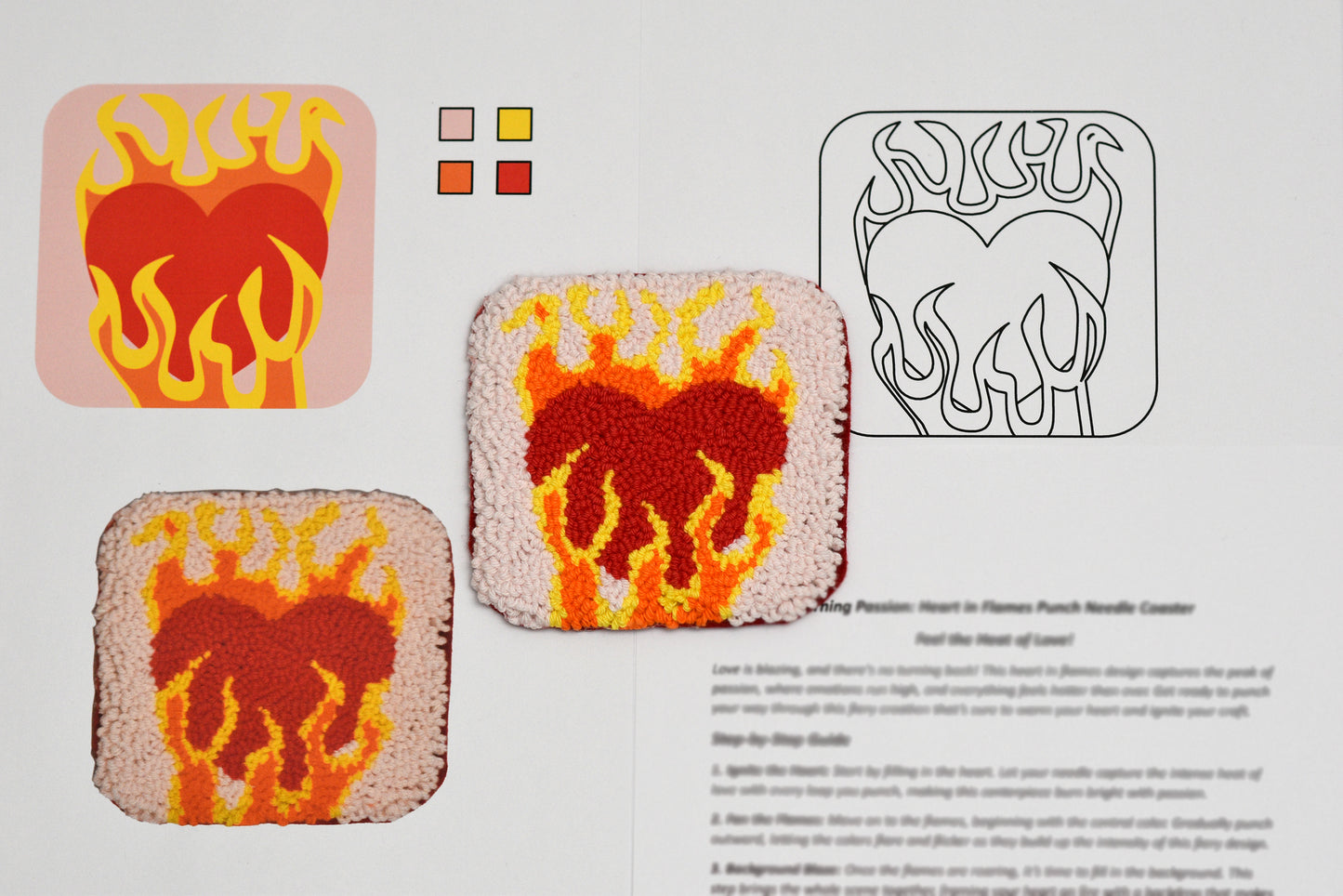 Heart with flame design in a punch needle pattern book
