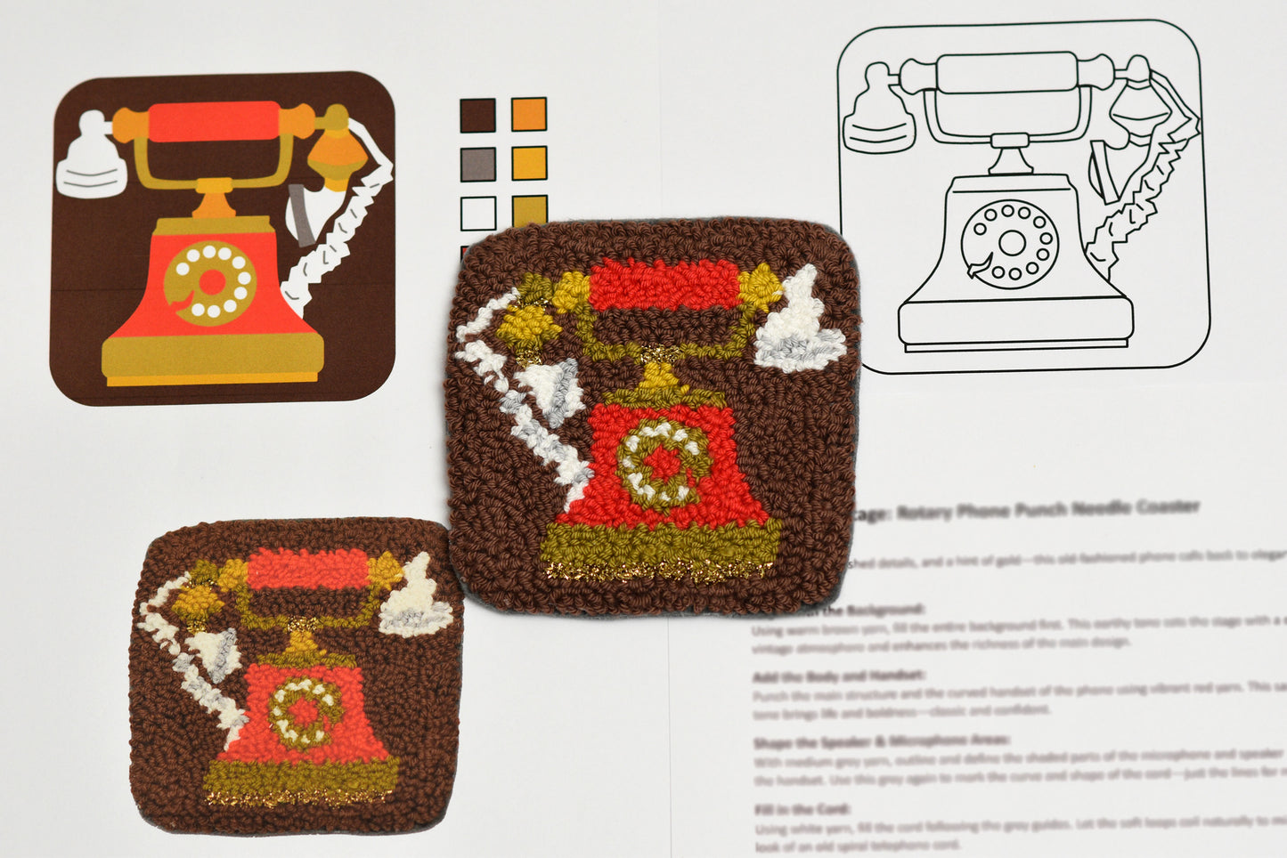 Embroidered phone designed coasters with a color swatch and pattern guide on a white background